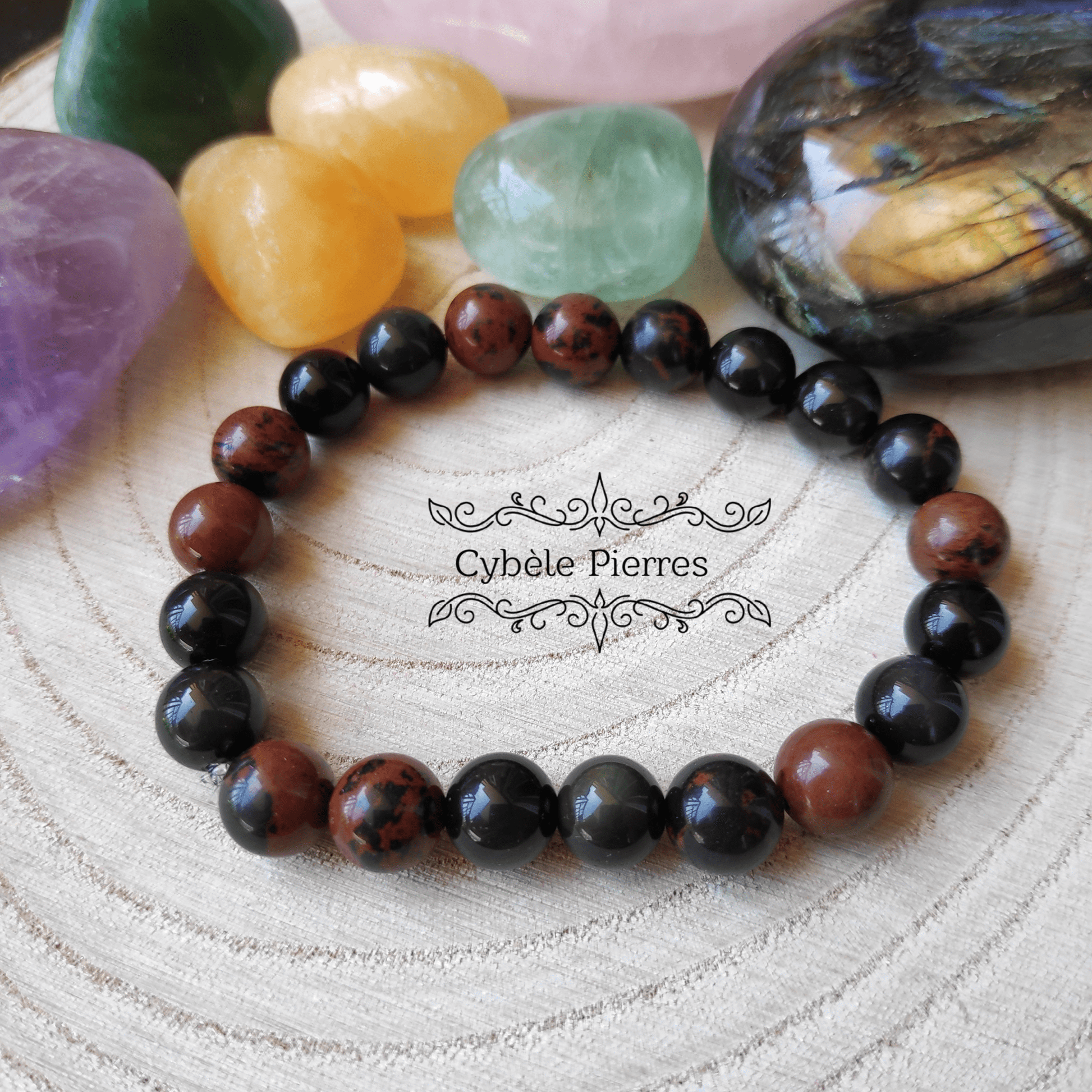 Bracelet Introspection - Obsidienne Acajou et Oeil Celeste (8mm) - 20cm - Cybele Pierres