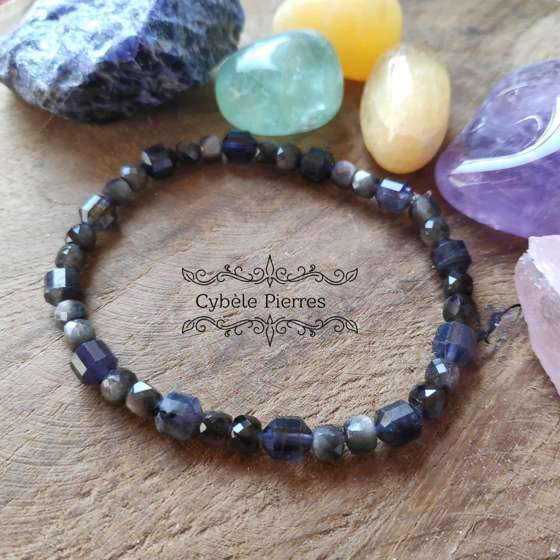Bracelet Iolite (Cordiérite) et Obsidienne argentée facettée (6mm) - 18cm - Cybele Pierres