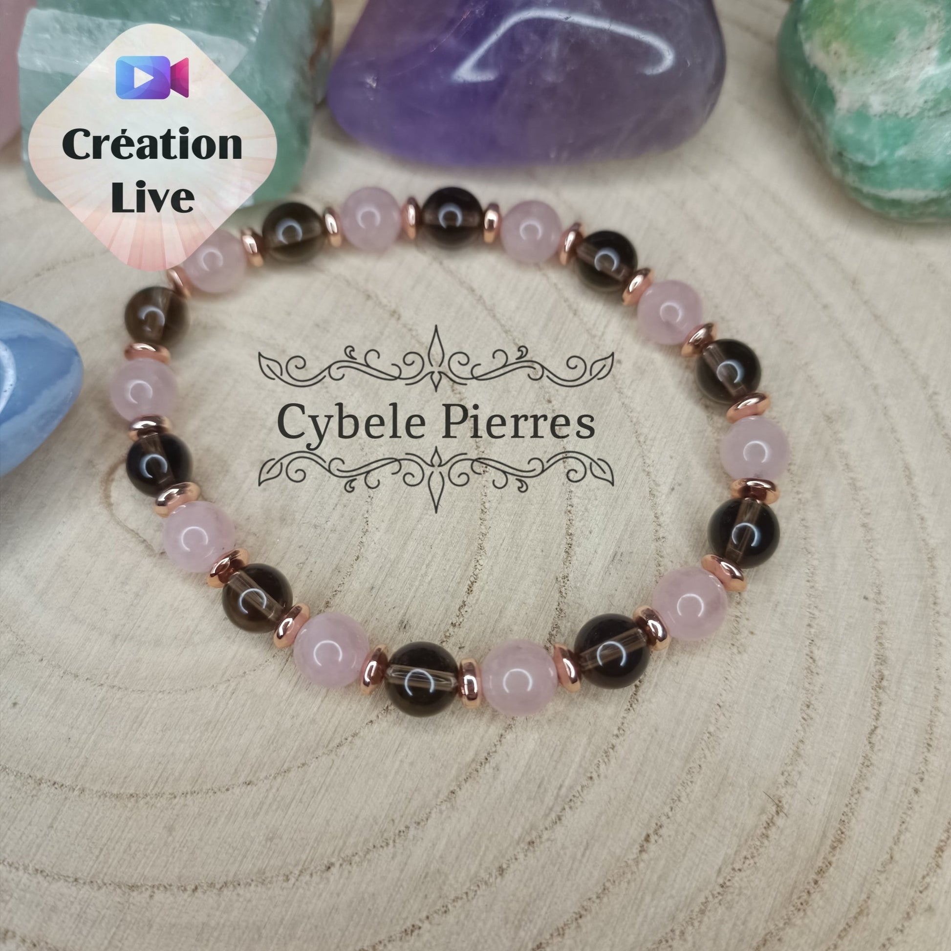 Bracelet "Je déculpabilise" - Quartz rose et Quartz fumé (6mm) - 17cm - Cybele Pierres