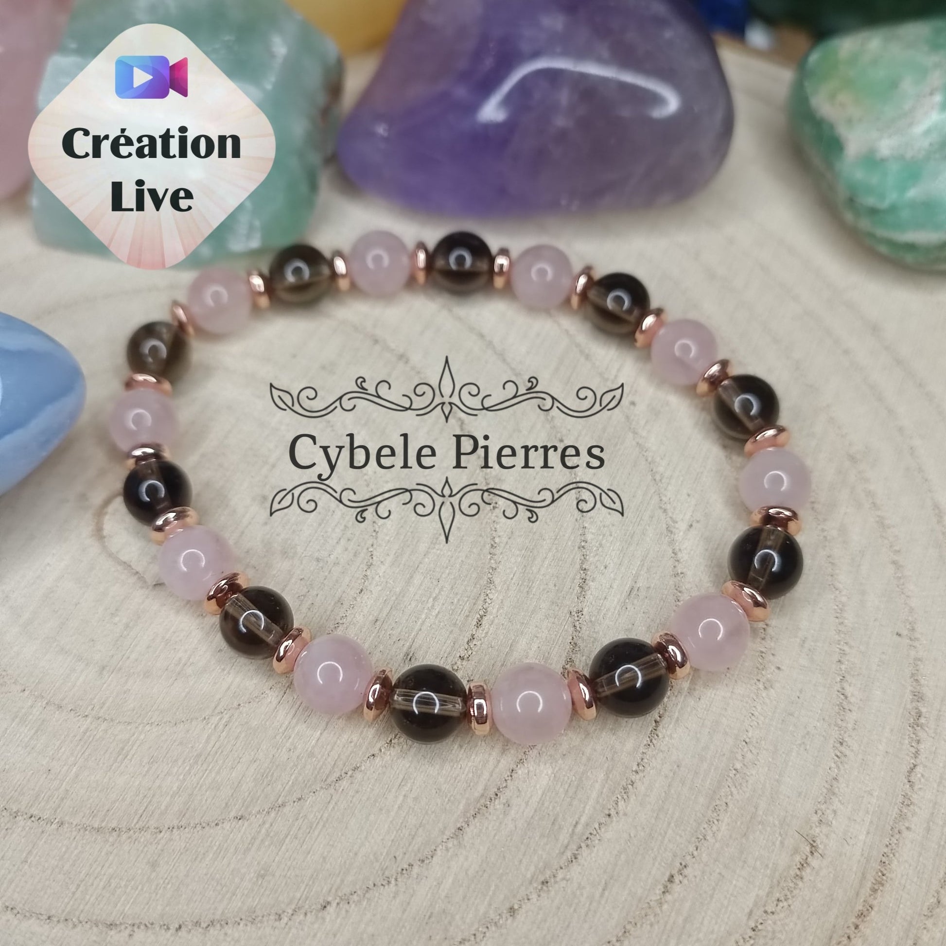 Bracelet "Je déculpabilise" - Quartz rose et Quartz fumé (6mm) - 17cm - Cybele Pierres