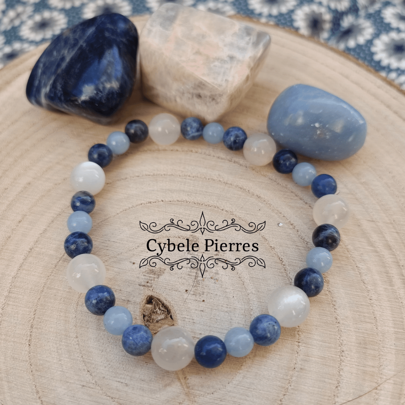 Bracelet "Je m'exprime" - Pierre de lune blanche, Angélite et Sodalite (6 et 8mm) - 18cm - Cybele Pierres