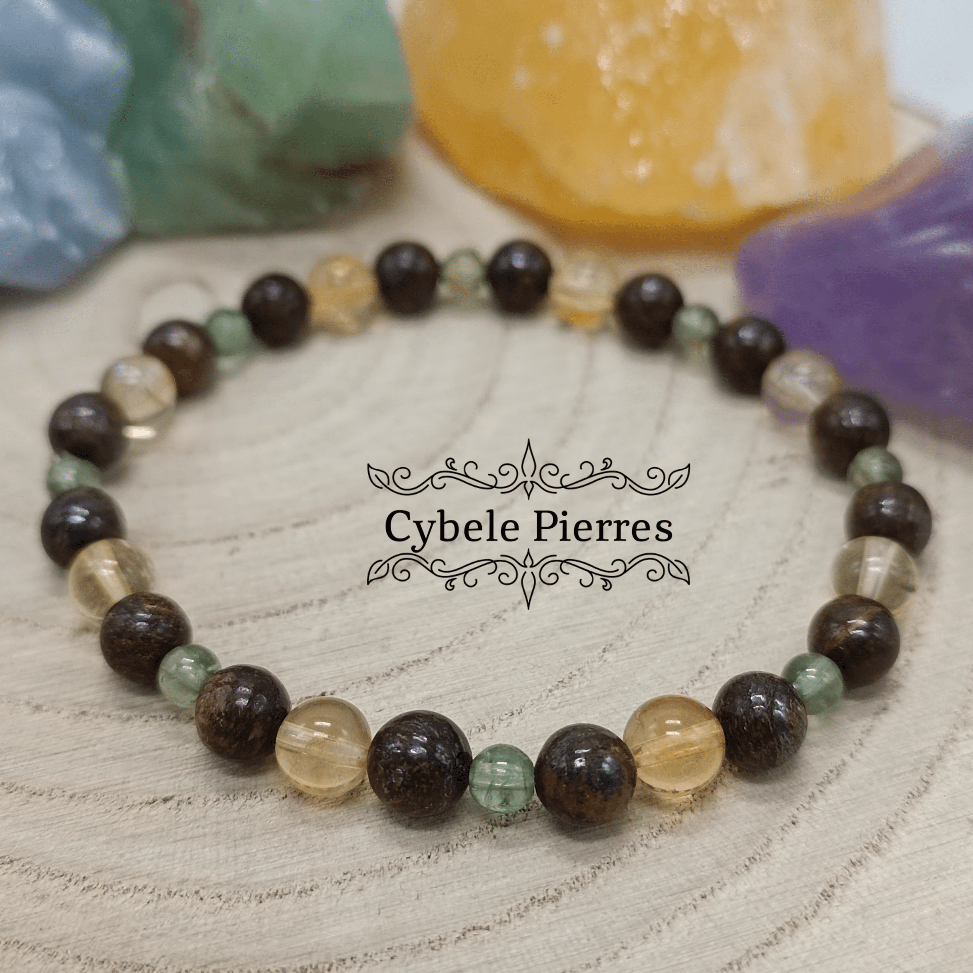 Bracelet "J'éloigne les pensées négatives" - Apatite verte, Bronzite et Citrine (3 et 6mm) - 18cm - Cybele Pierres