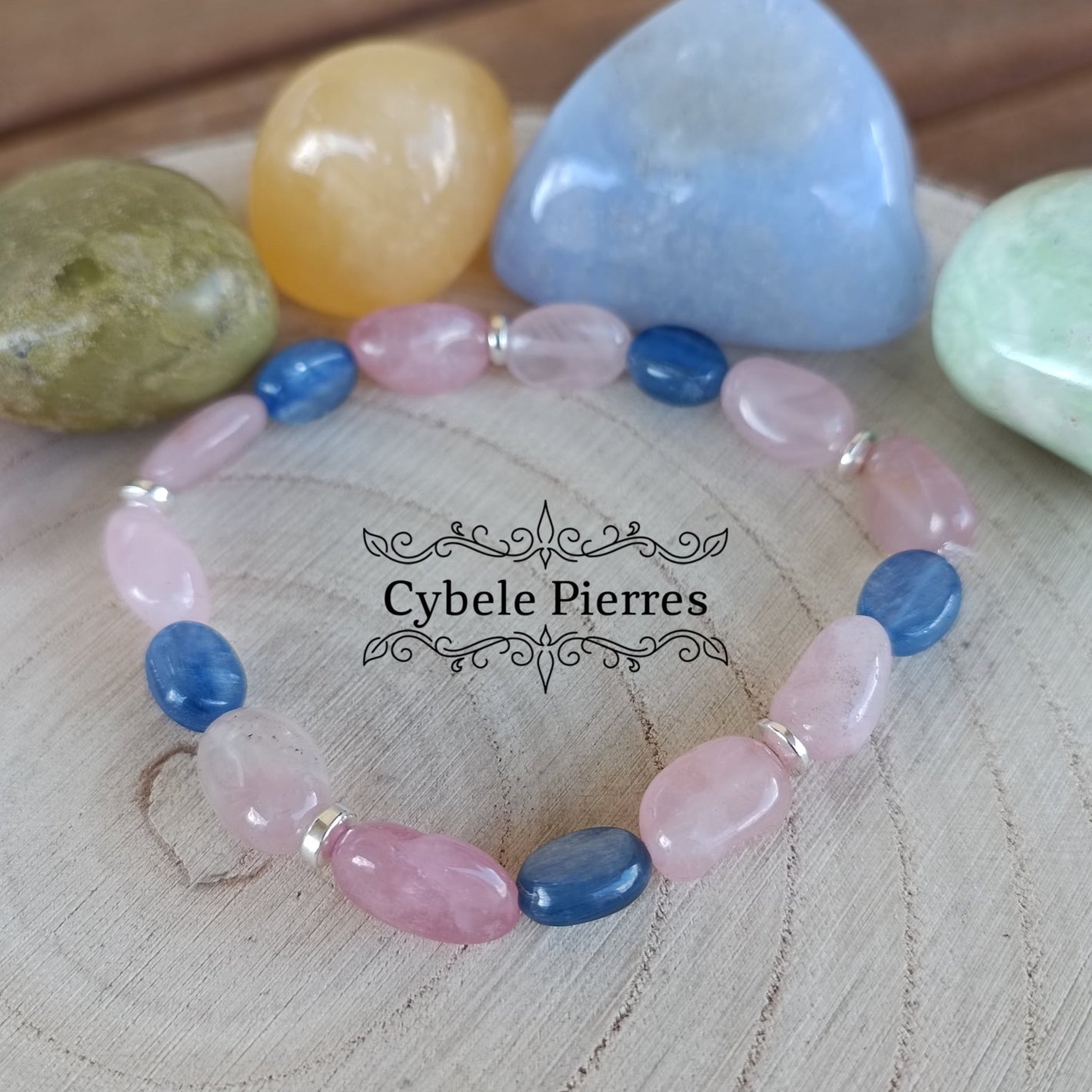 Bracelet Justesse - Quartz rose irrégulière et Cyanite (6mm) - 17cm - Cybele Pierres