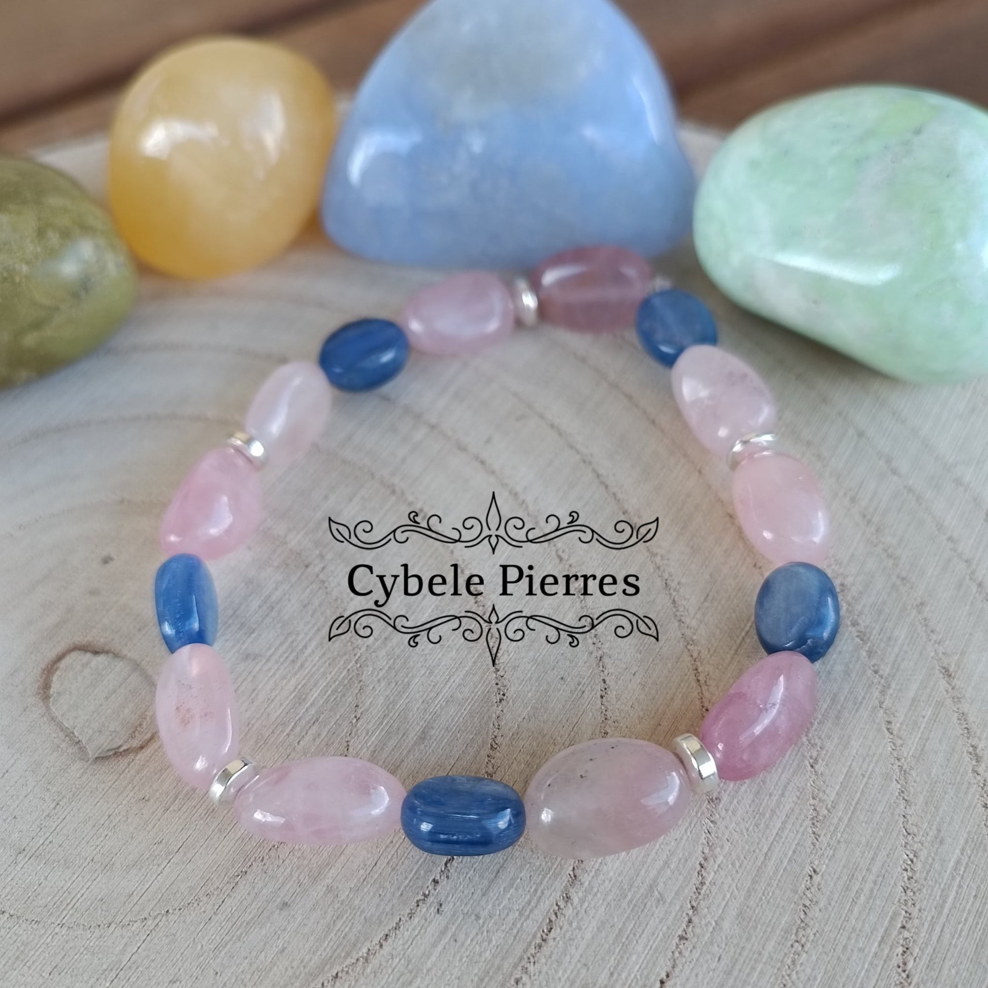 Bracelet Justesse - Quartz rose irrégulière et Cyanite (6mm) - 17cm - Cybele Pierres