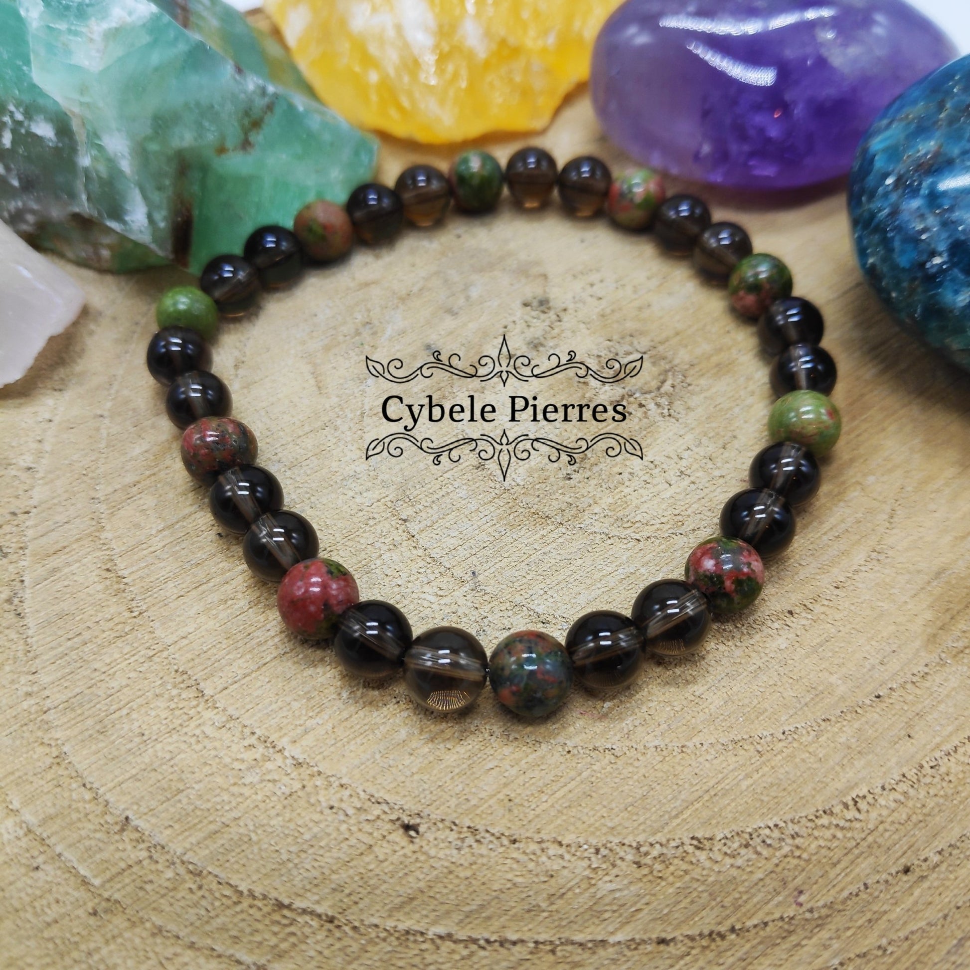 Bracelet Karma - Unakite et Quartz Fumé (6mm) - 19cm - Cybele Pierres