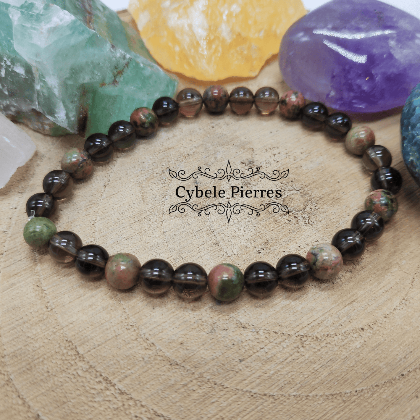 Bracelet Karma - Unakite et Quartz Fumé (6mm) - 19cm - Cybele Pierres