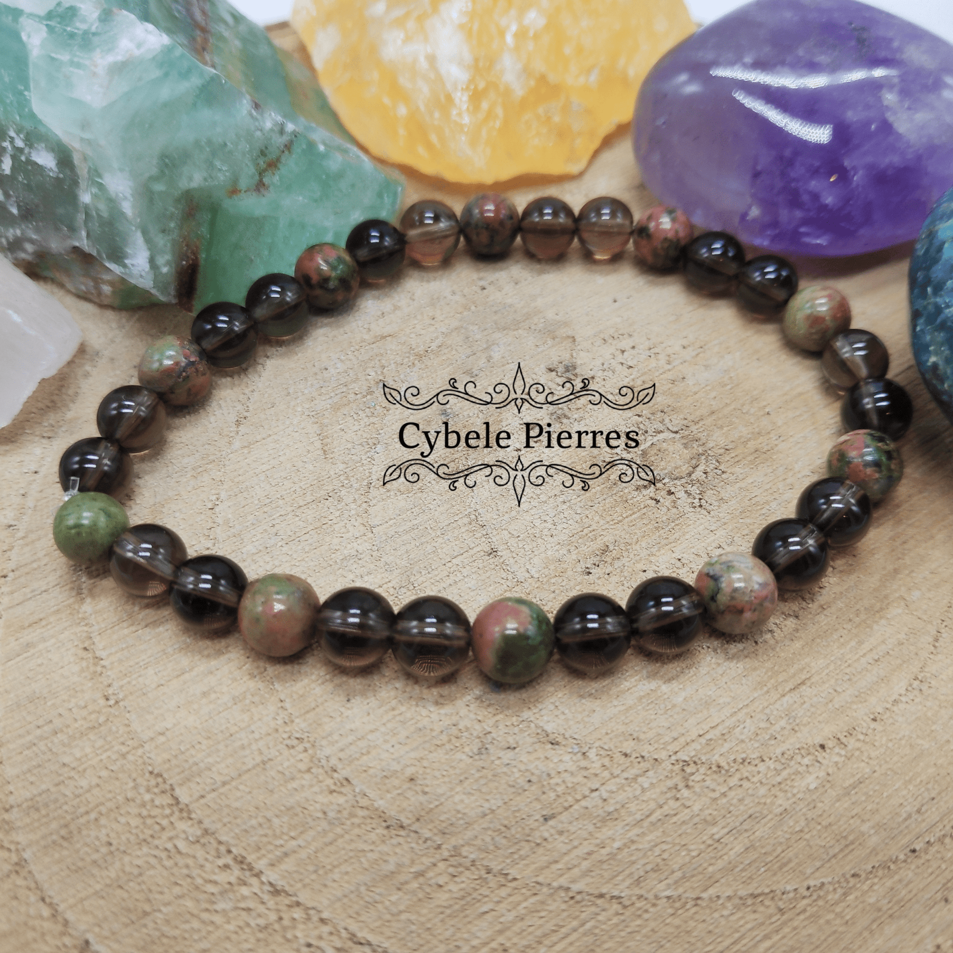 Bracelet Karma - Unakite et Quartz Fumé (6mm) - 19cm - Cybele Pierres