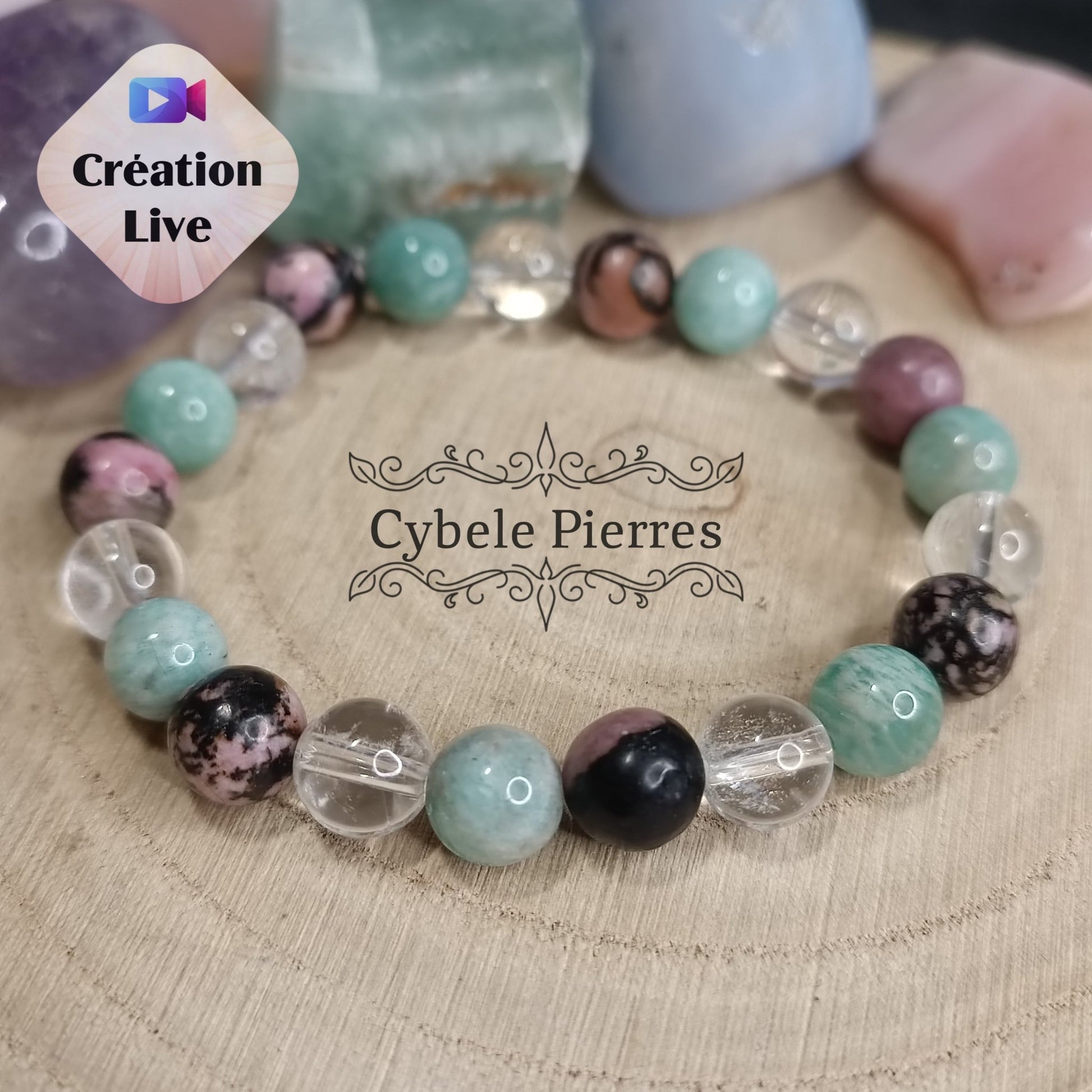 Bracelet Lagon Passion - Amazonite, Cristal de Roche et Rhodonite (8mm) - 17cm - Cybele Pierres