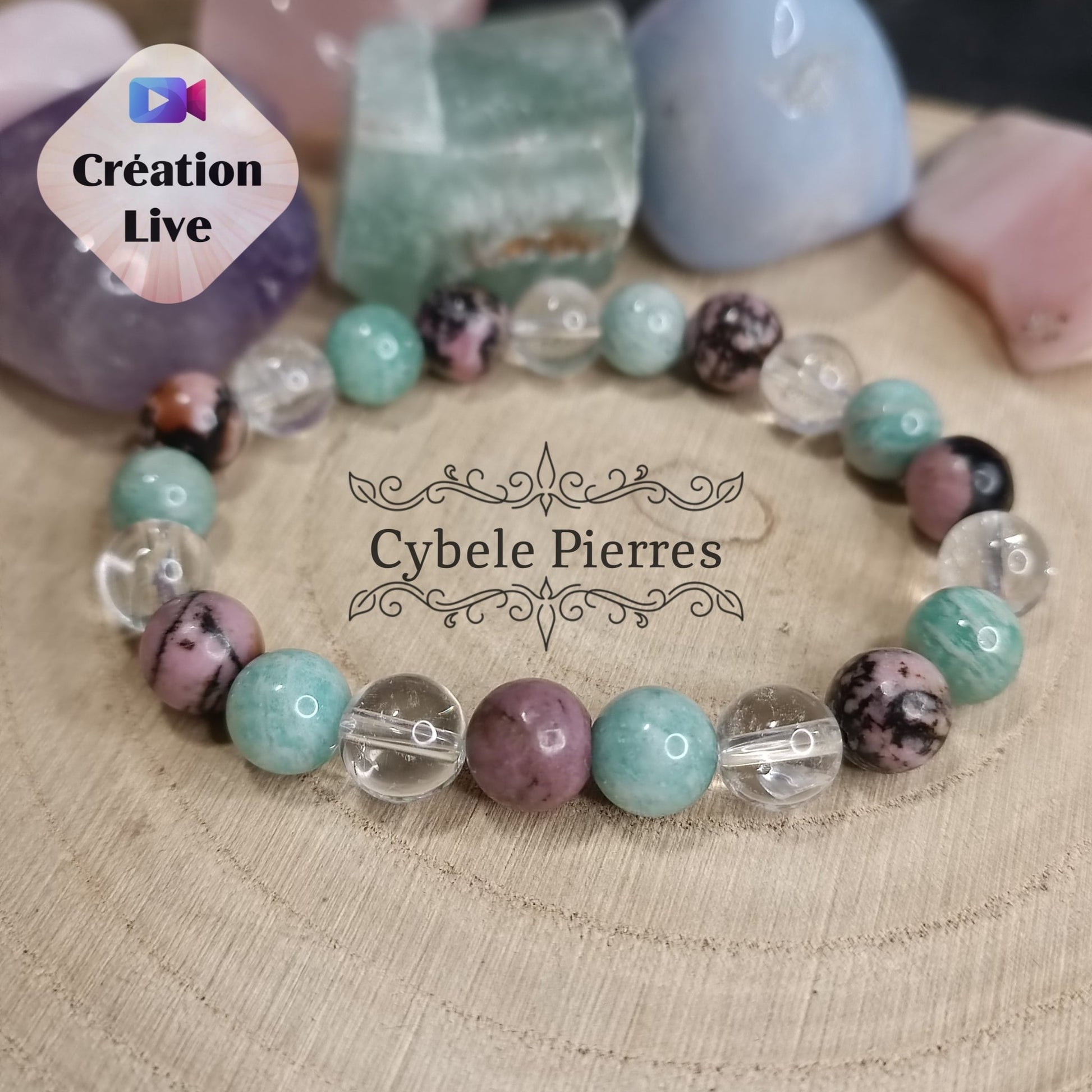 Bracelet Lagon Passion - Amazonite, Cristal de Roche et Rhodonite (8mm) - 17cm - Cybele Pierres