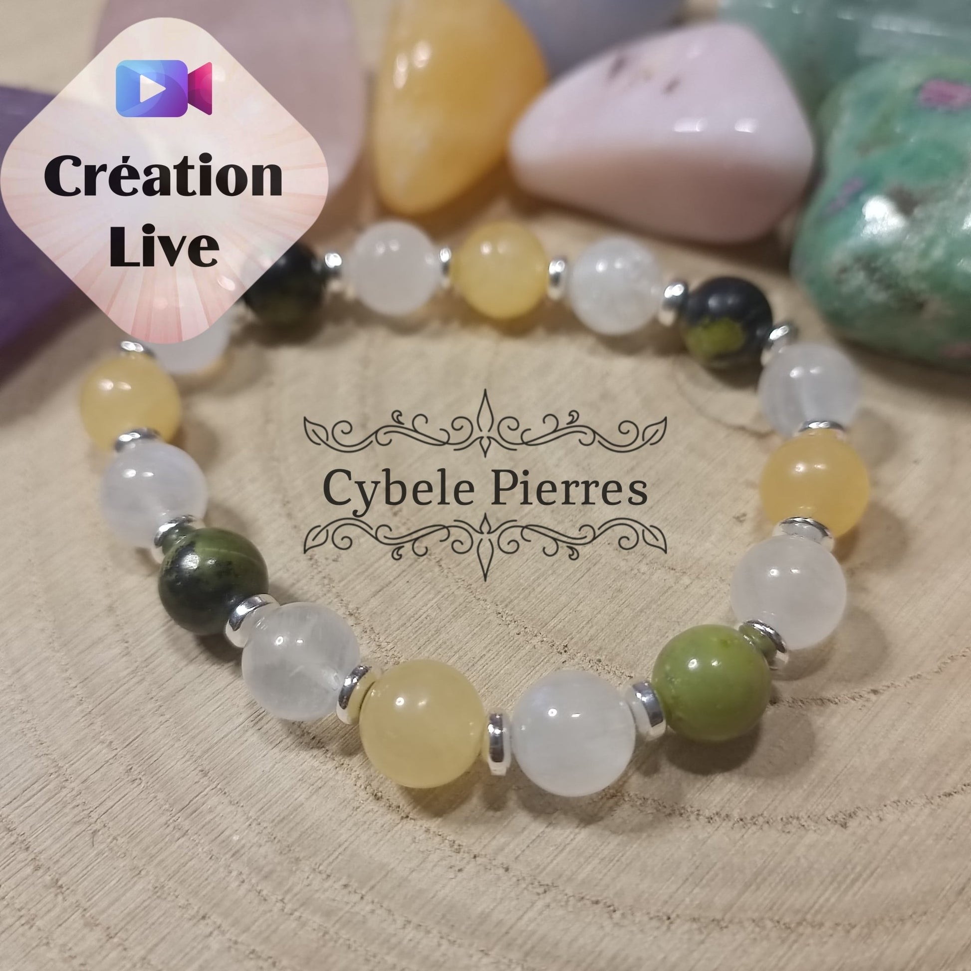 Bracelet Le Réveil - Opale verte, Labradorite blanche et Calcite orange - (8mm) - 16cm - Cybele Pierres