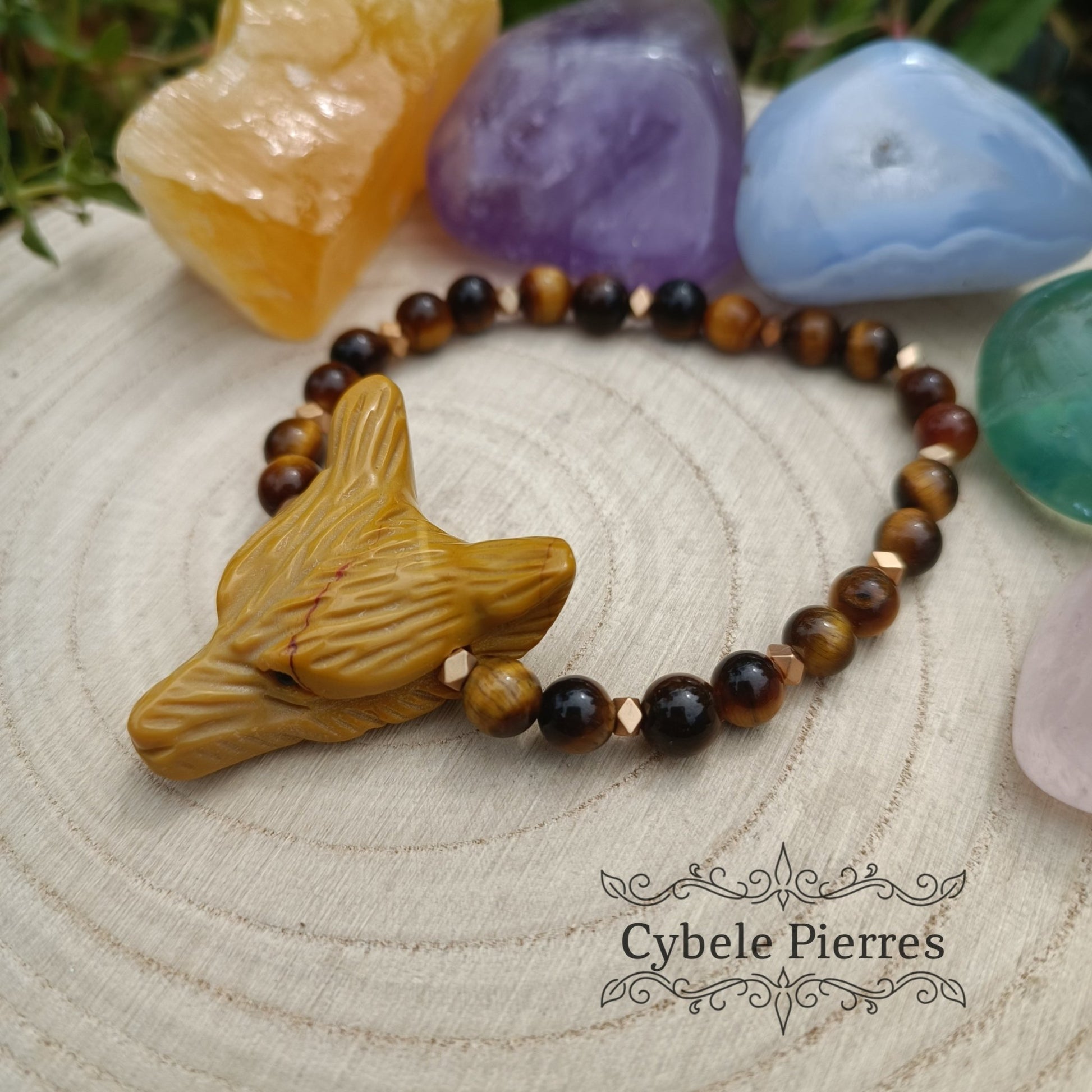 Bracelet "Loup" - Oeil de Tigre Et Jaspe Mookaite (8mm et 6mm) - 18cm - Cybele Pierres