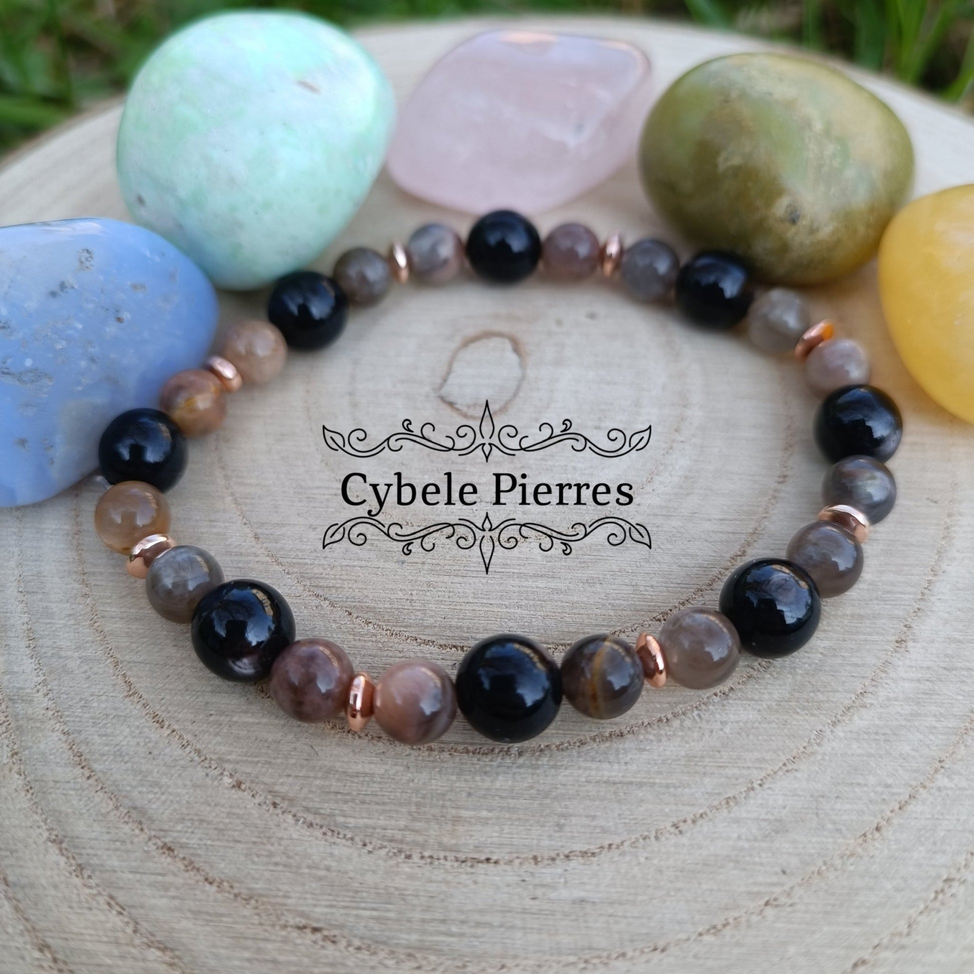 Bracelet Lumière - Hyperstène et Pierre de Lune (6 et 8mm) - 18cm - Cybele Pierres