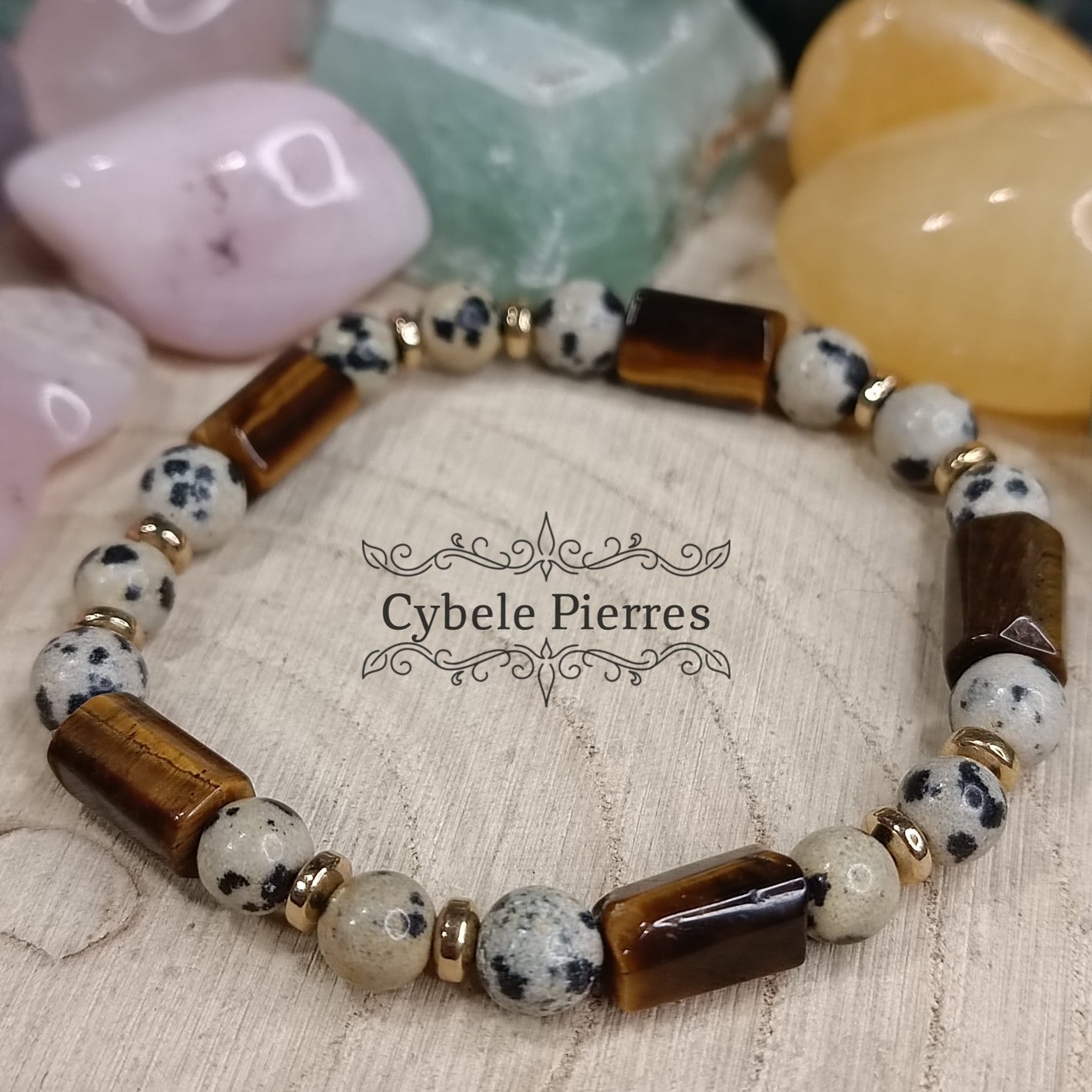 Bracelet Majesté - Jaspe Dalmatien et Oeil de tigre (10mm et 6mm) - 17cm - Cybele Pierres