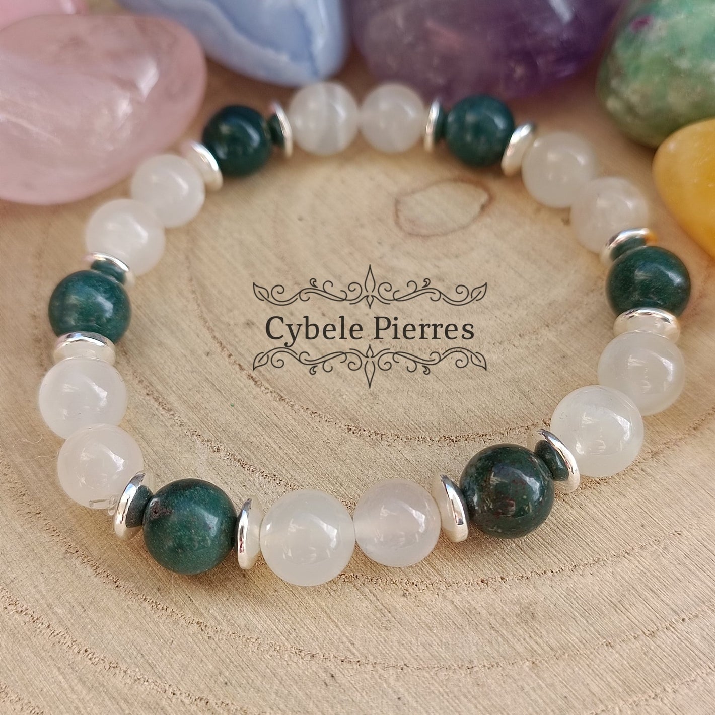 Bracelet Mélancolie - Jaspe sanguin (Héliotrope) et Pierre de Lune blanche (8mm) - 17cm - Cybele Pierres