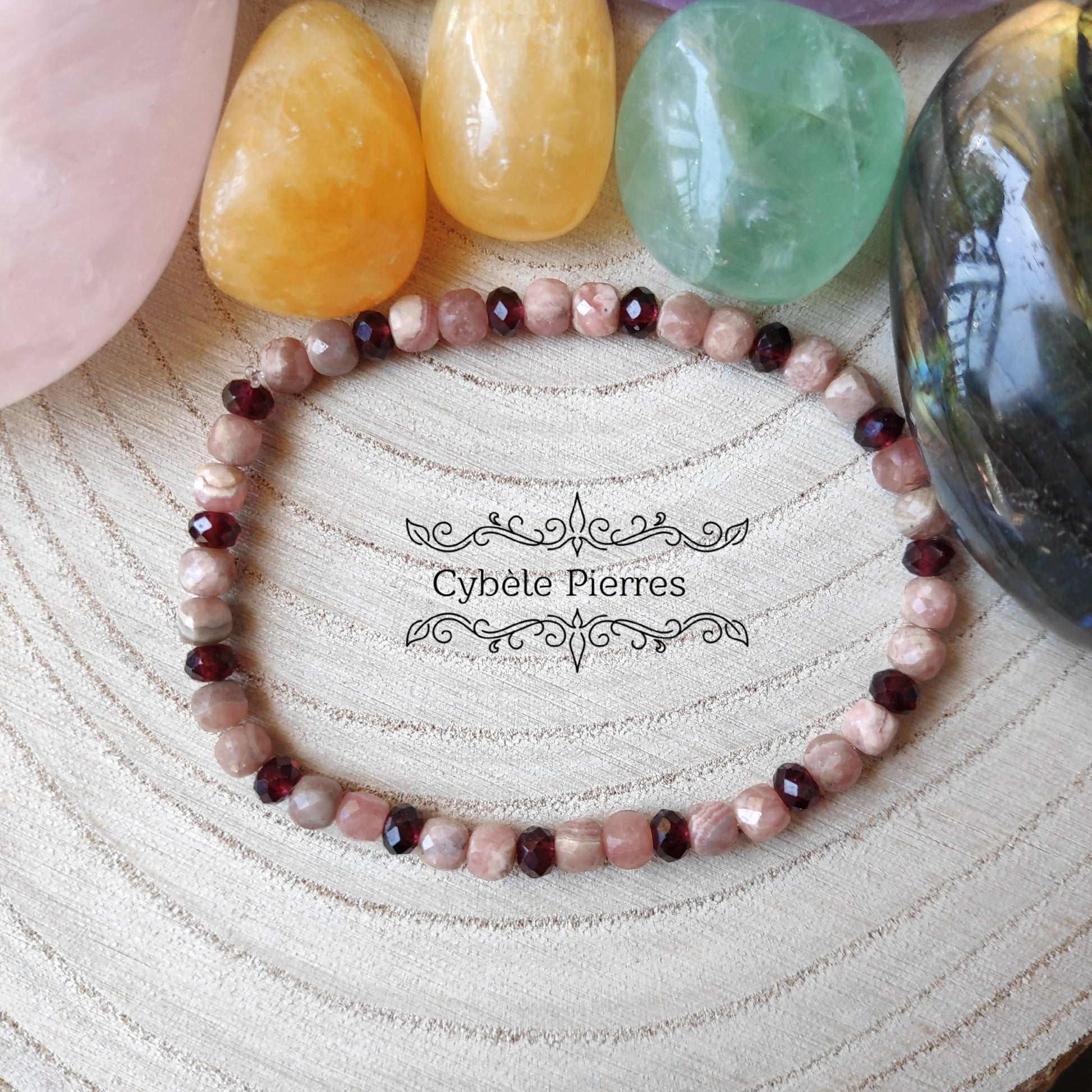 Bracelet Mémoire - Rhodochrosite et Grenat (4mm et 3mm) - 18cm - Cybele Pierres