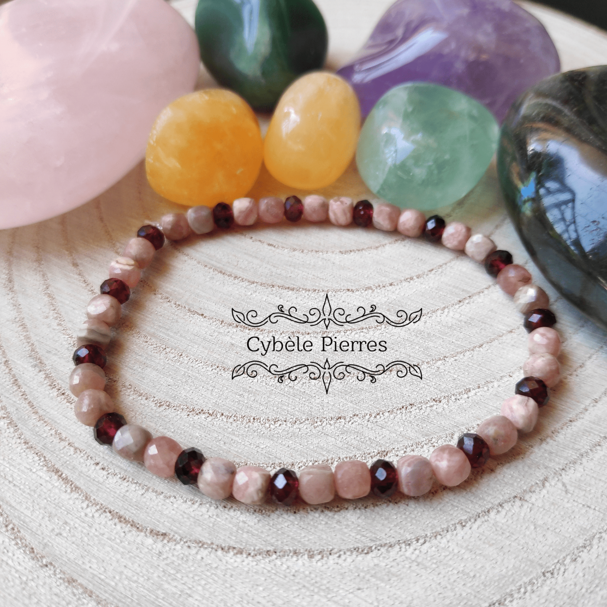 Bracelet Mémoire - Rhodochrosite et Grenat (4mm et 3mm) - 18cm - Cybele Pierres
