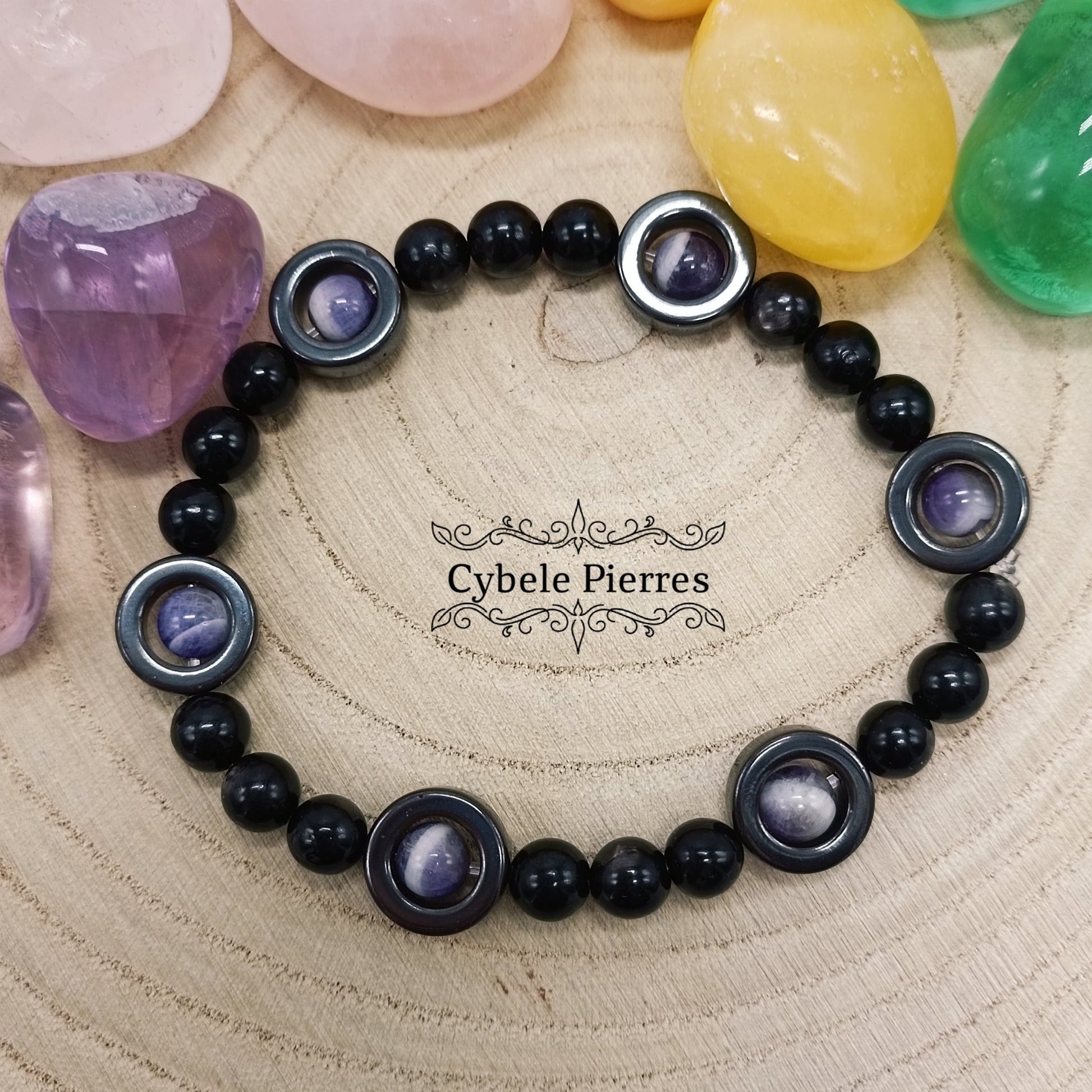Bracelet Merveilles : Hyperstène et Améthyste (6 et 8mm) - 18cm - Cybele Pierres