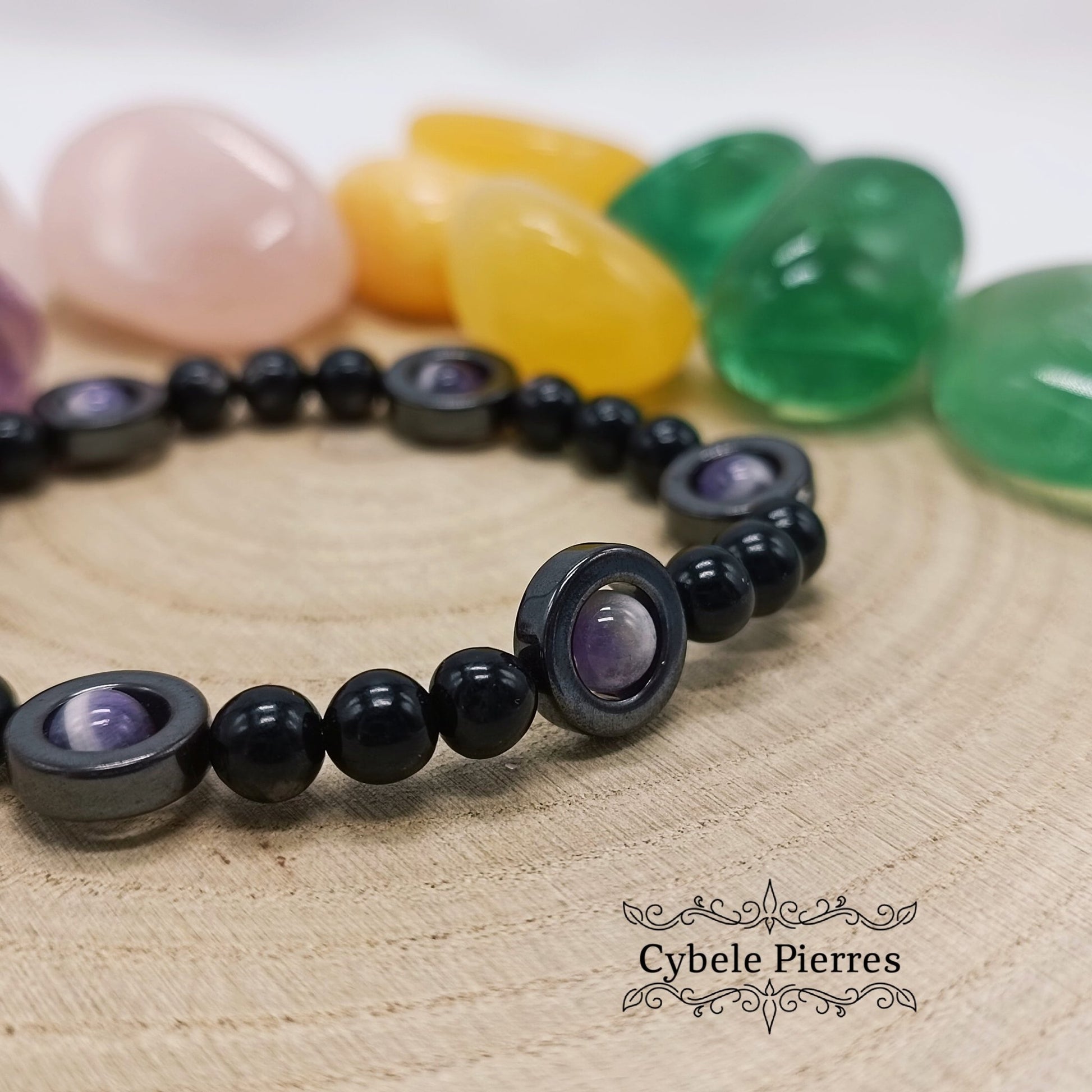Bracelet Merveilles : Hyperstène et Améthyste (6 et 8mm) - 18cm - Cybele Pierres