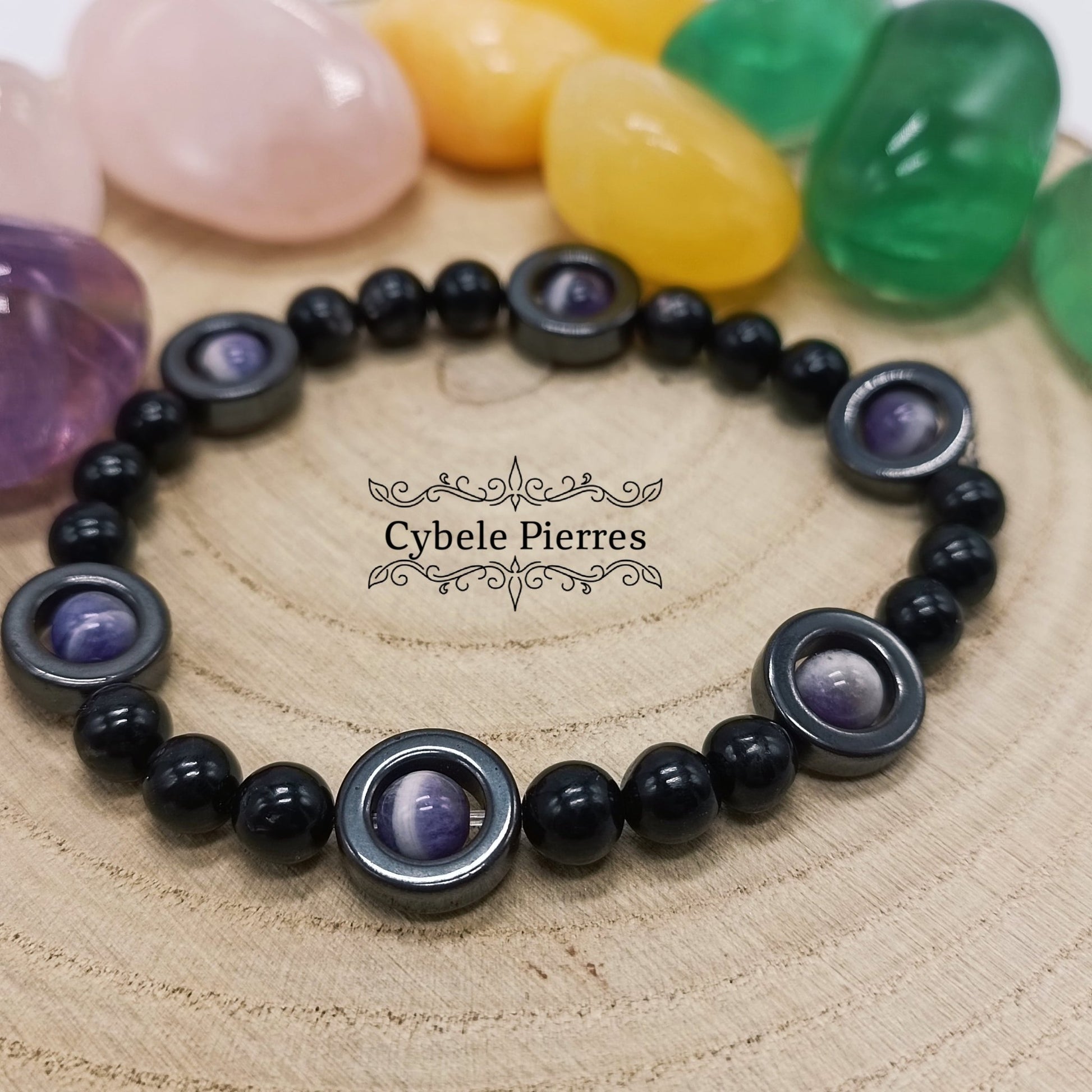 Bracelet Merveilles : Hyperstène et Améthyste (6 et 8mm) - 18cm - Cybele Pierres
