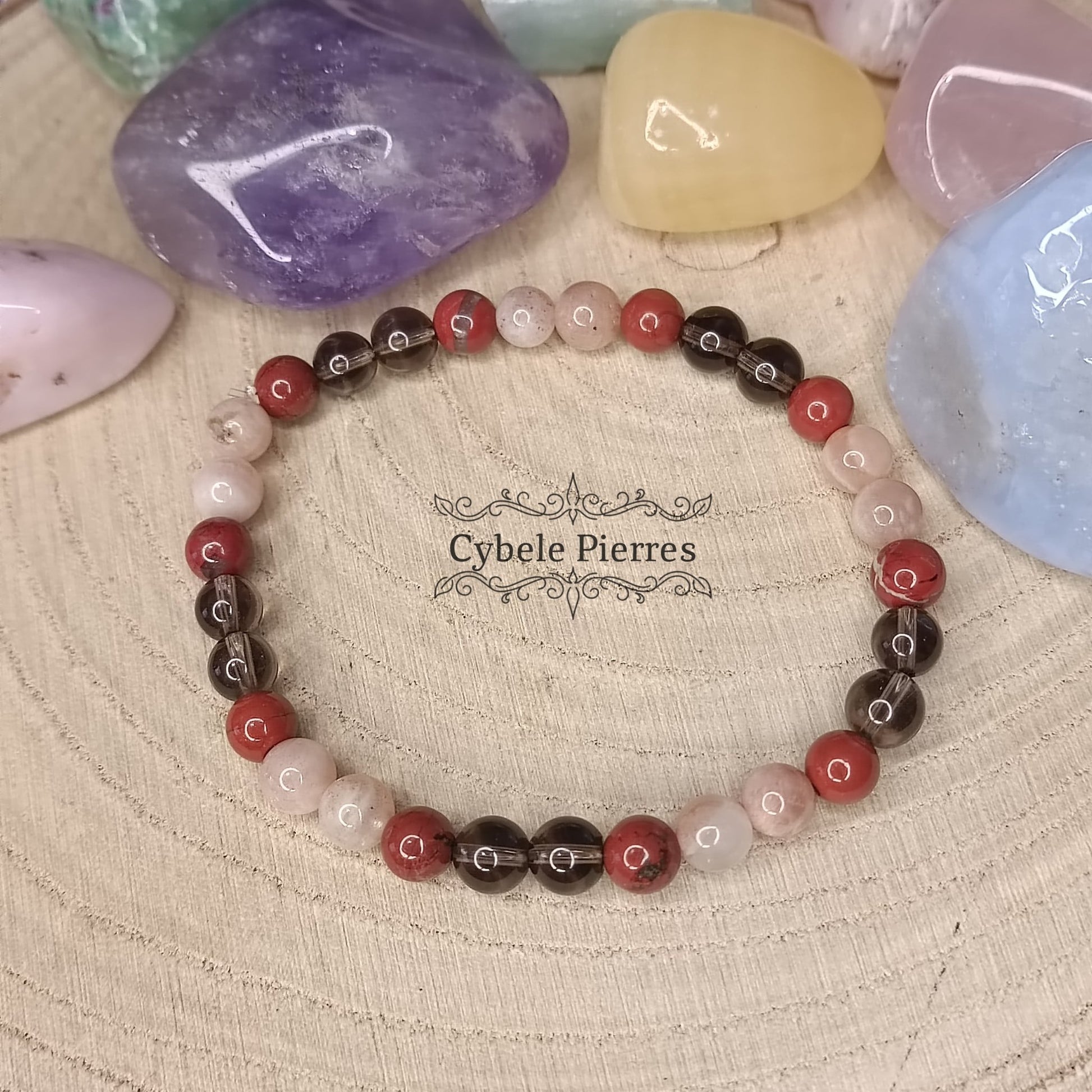 Bracelet "Merveilleuse Liberté" - Jaspe rouge , Quartz fumé et Pierre de Soleil (6mm) - 19cm - Cybele Pierres