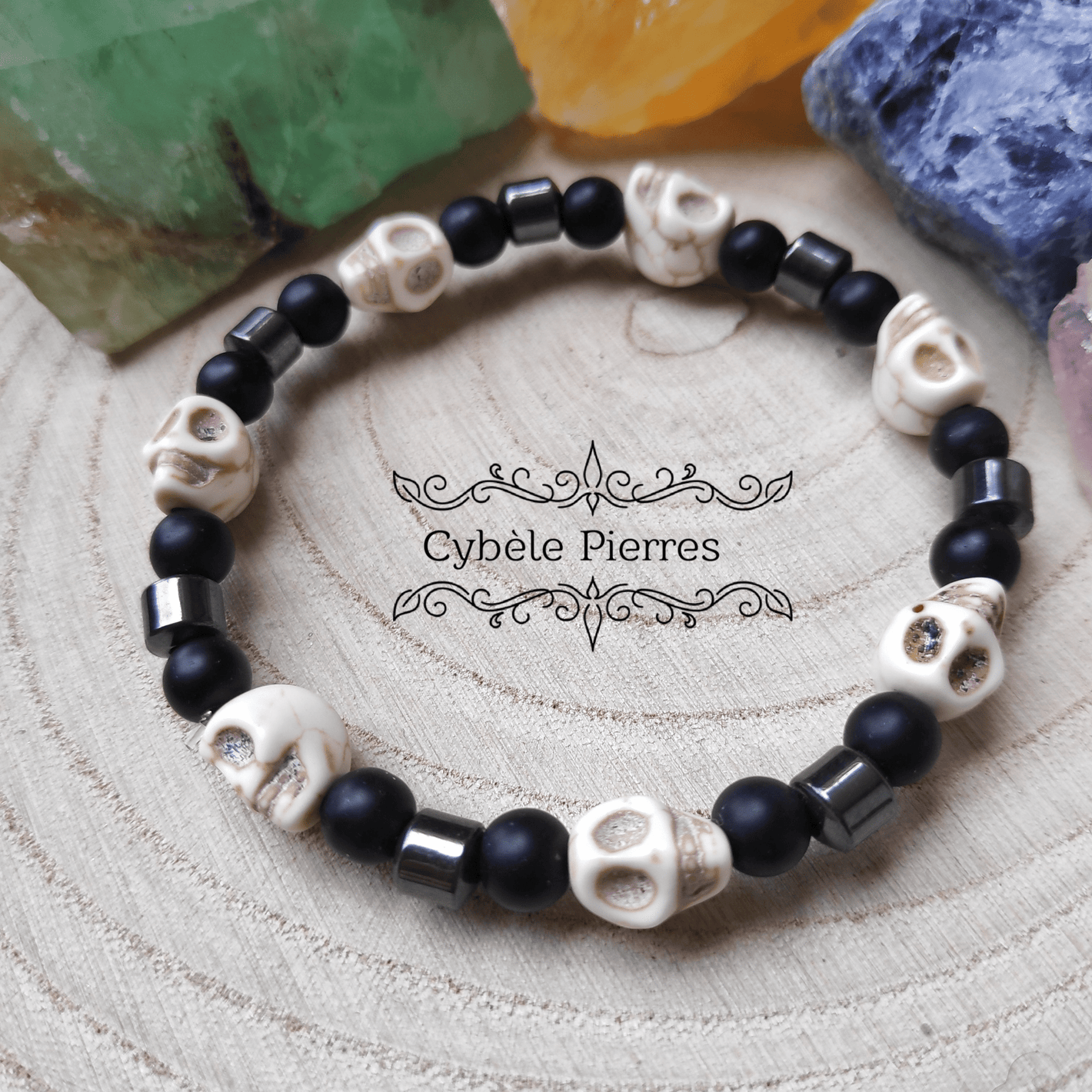 Bracelet Métal - Howlite et Onyx mat (6mm) - 18cm - Cybele Pierres