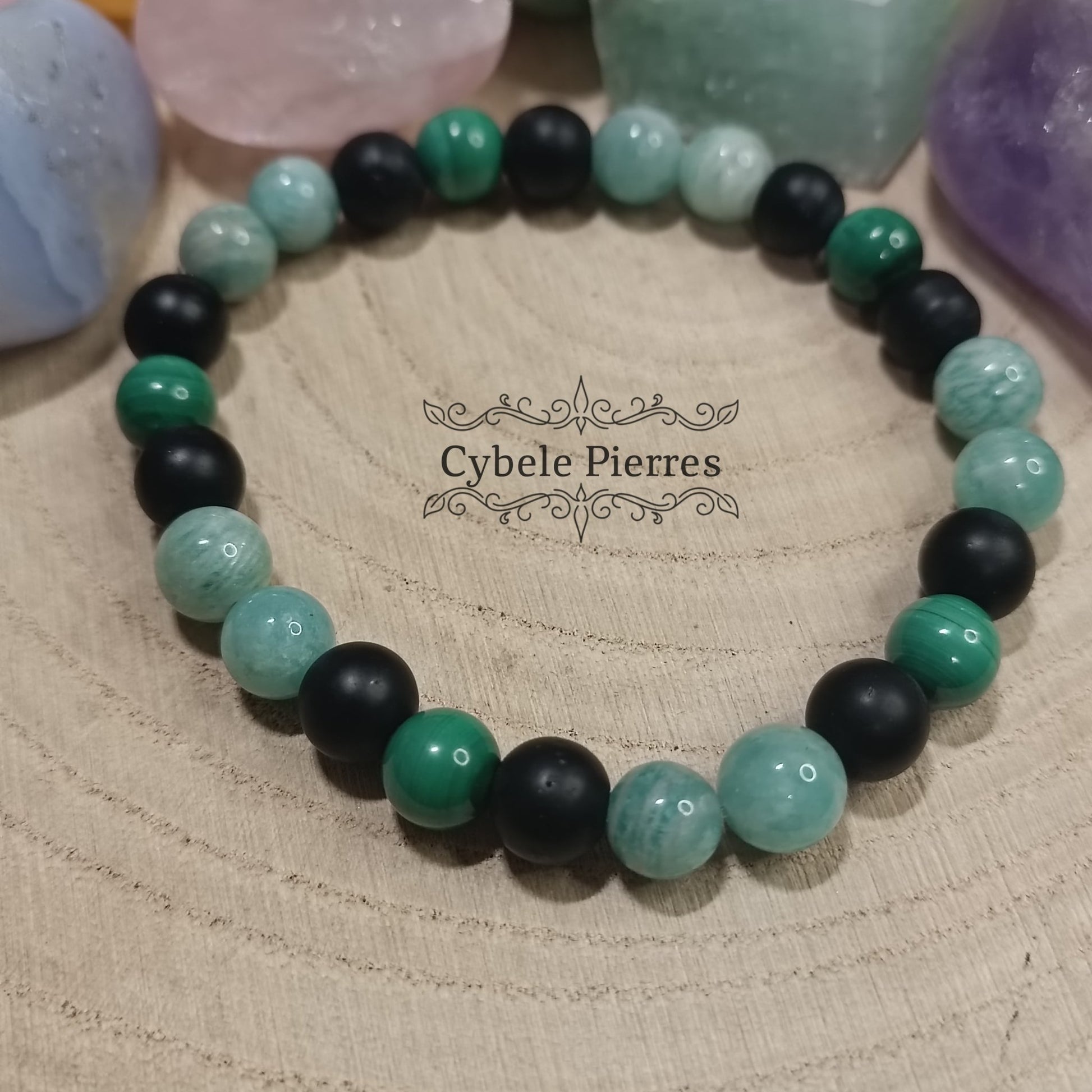 Bracelet Nature : Malachite, Amazonite et Onyx (8mm) - 19cm - Cybele Pierres