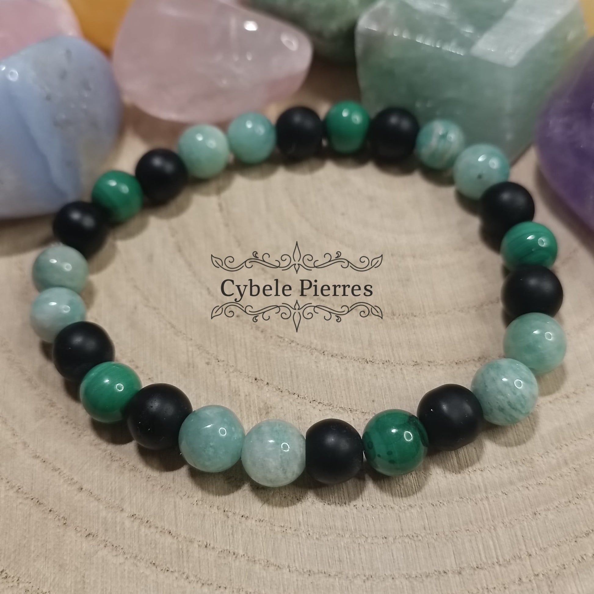 Bracelet Nature : Malachite, Amazonite et Onyx (8mm) - 19cm - Cybele Pierres