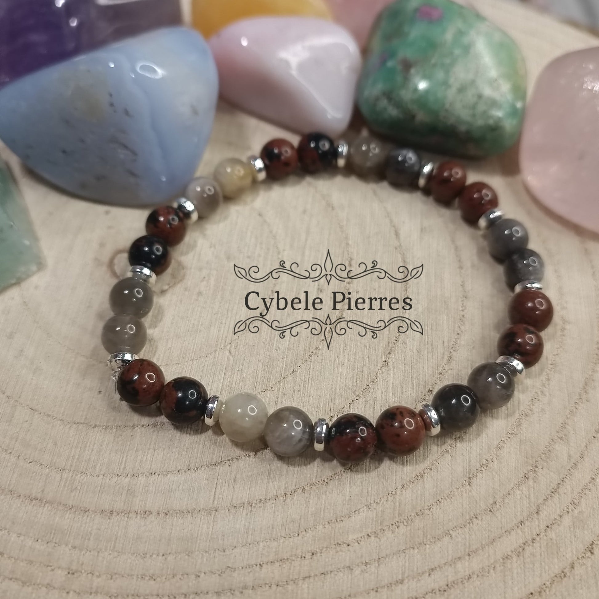 Bracelet Noisettes - Obsidienne acajou et Pierre de lune (6mm) - 17cm - Cybele Pierres