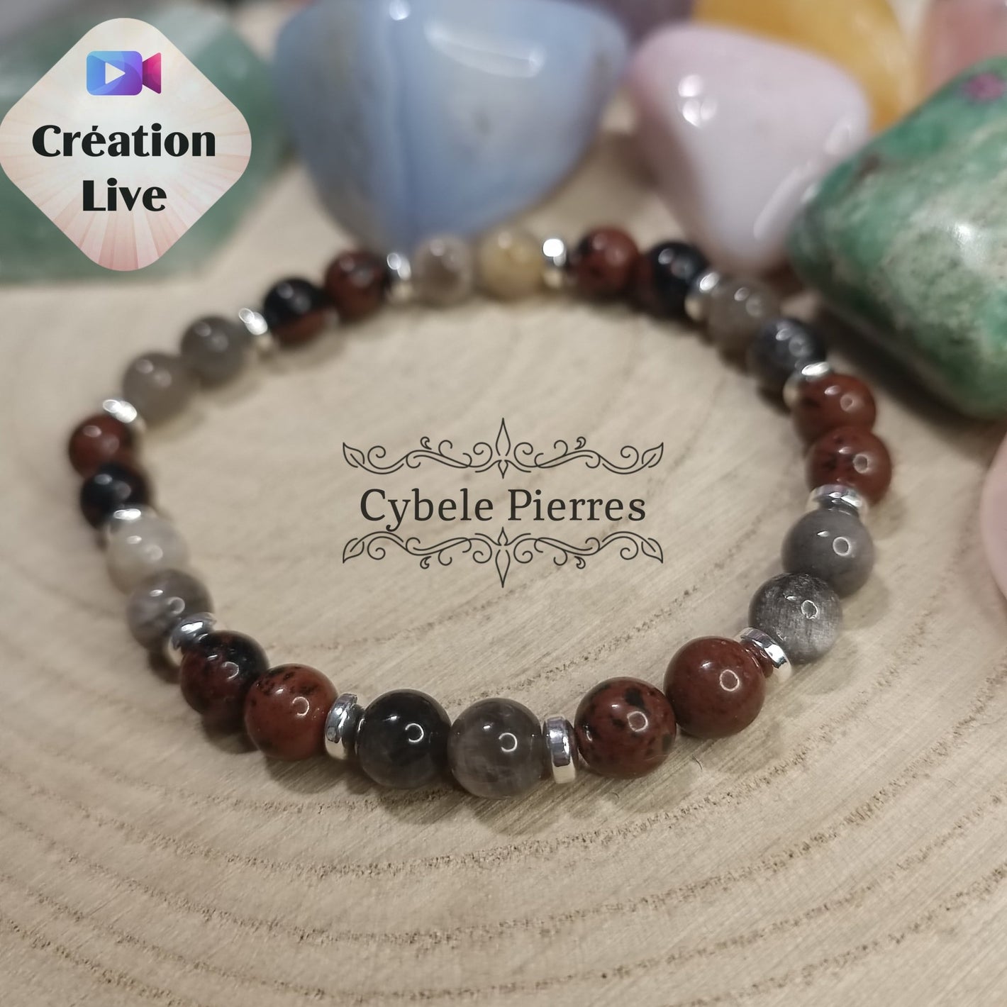 Bracelet Noisettes - Obsidienne acajou et Pierre de lune (6mm) - 17cm - Cybele Pierres