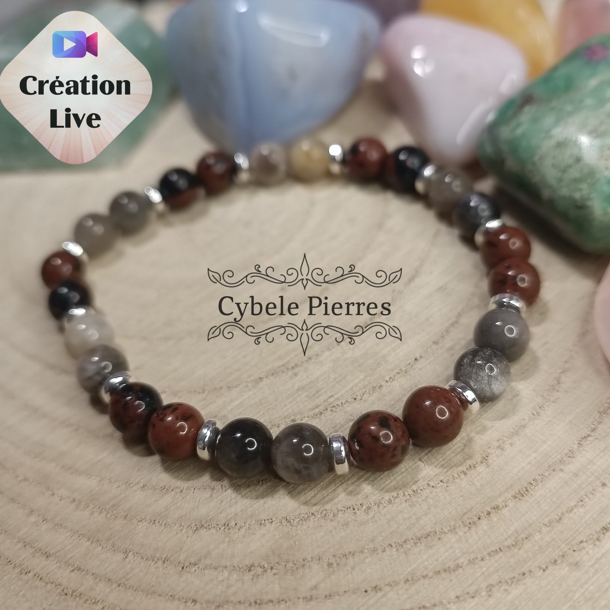 Bracelet Noisettes - Obsidienne acajou et Pierre de lune (6mm) - 17cm - Cybele Pierres