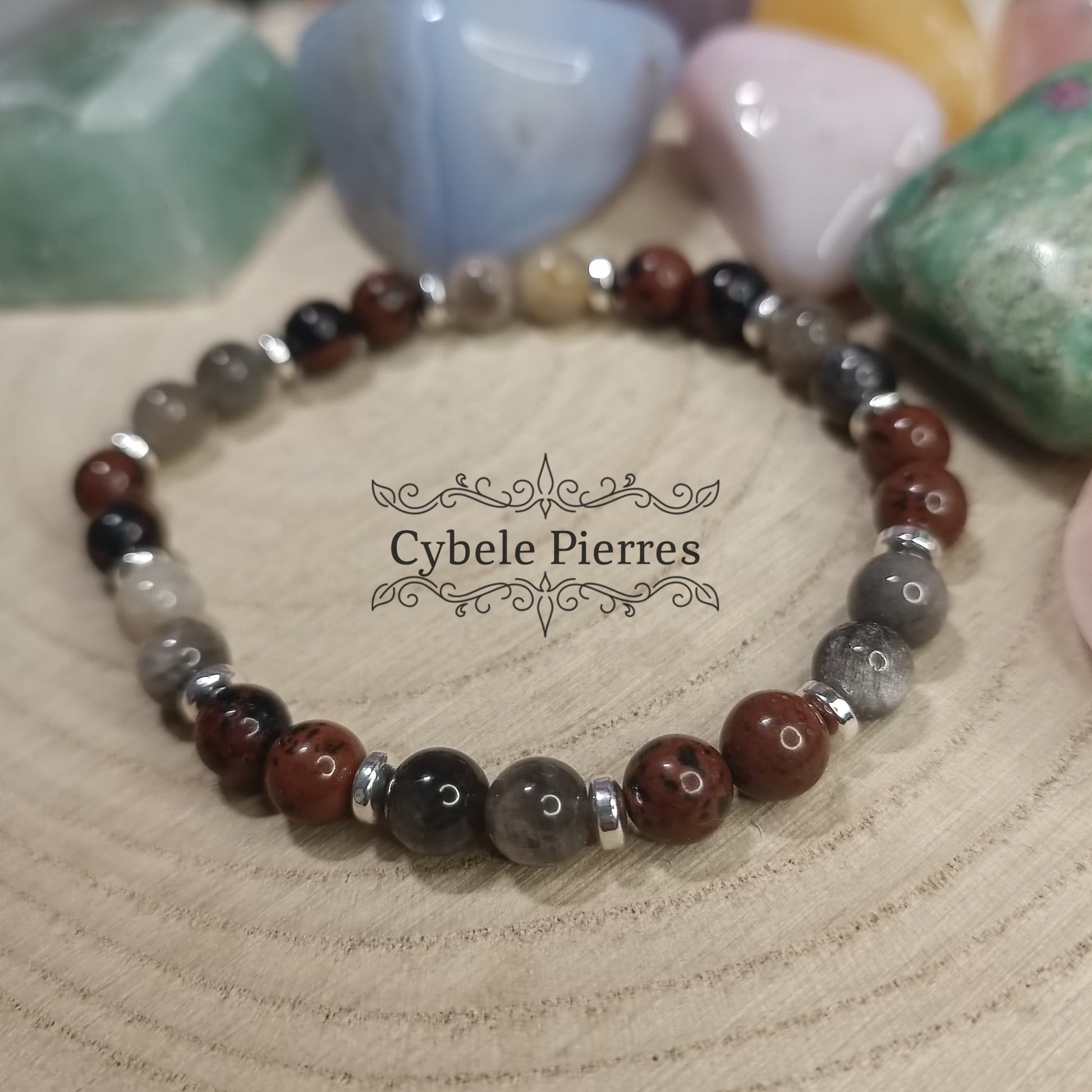 Bracelet Noisettes - Obsidienne acajou et Pierre de lune (6mm) - 17cm - Cybele Pierres