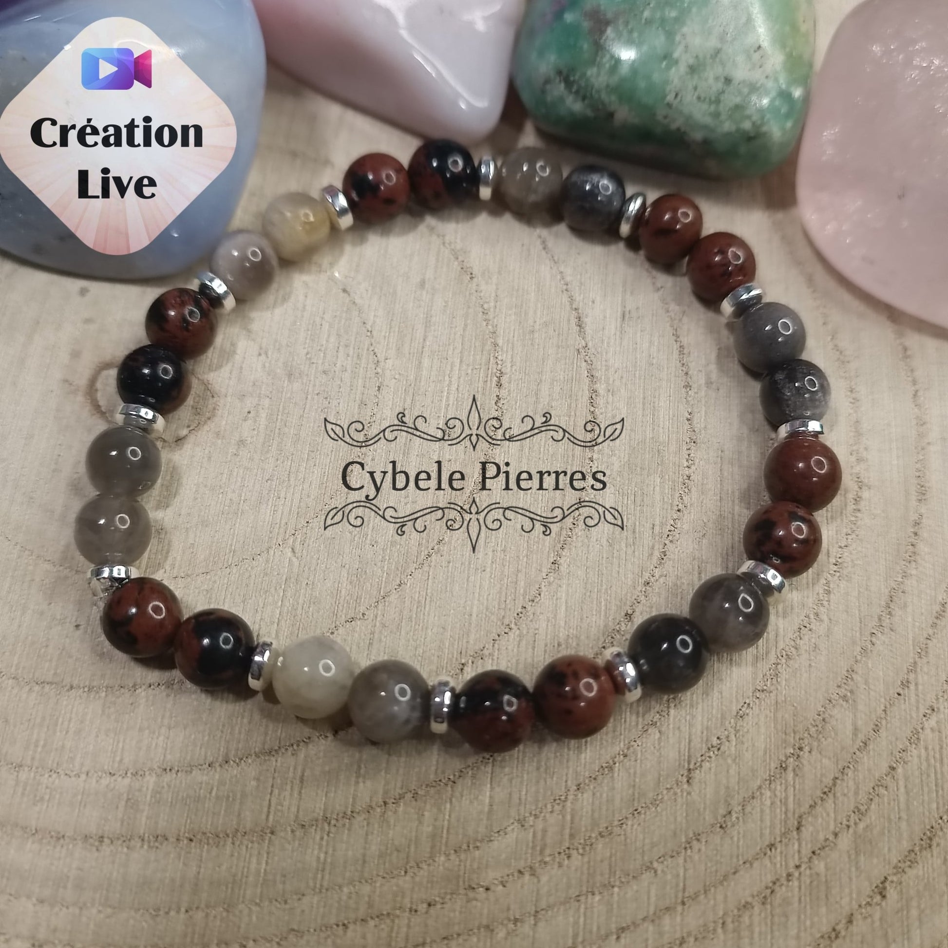 Bracelet Noisettes - Obsidienne acajou et Pierre de lune (6mm) - 17cm - Cybele Pierres