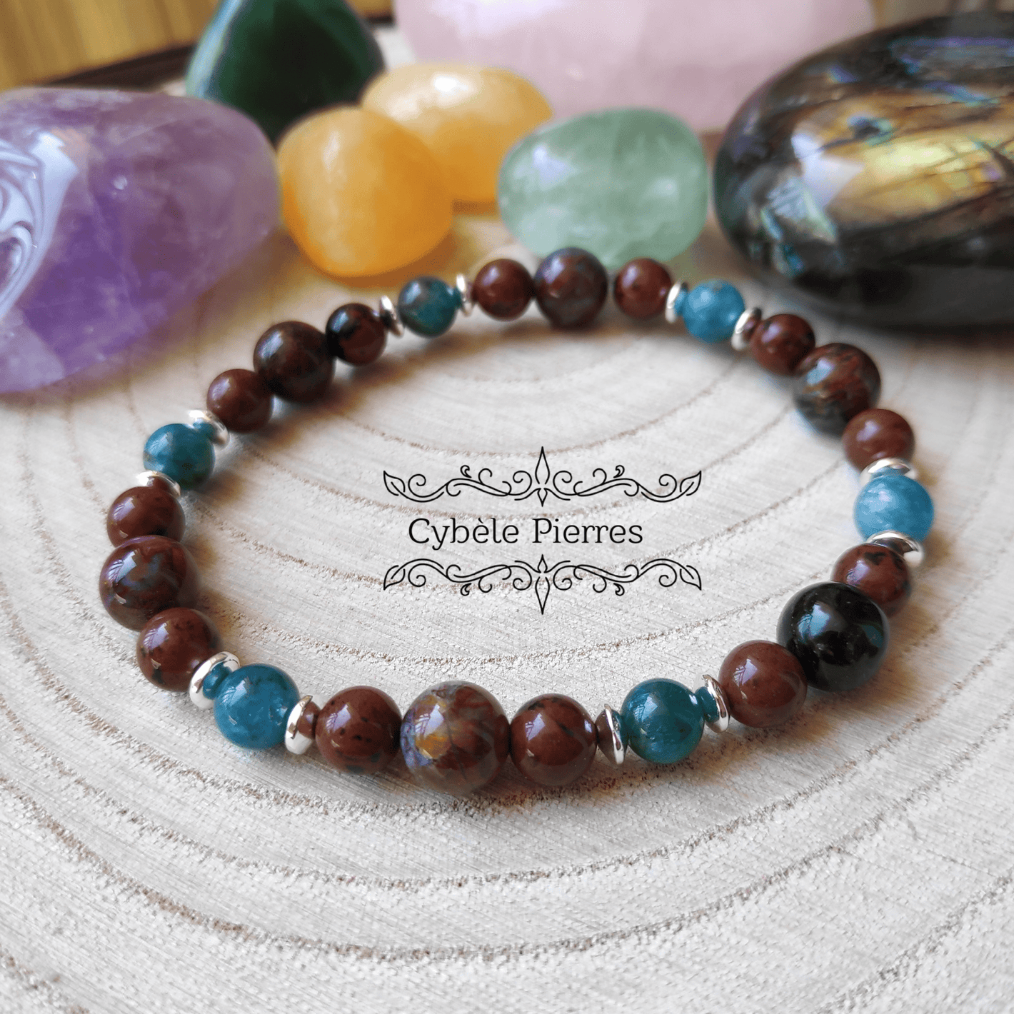 Bracelet Nouveaux Projets - Obsidienne Acajou, Piétersite et Apatite bleue (6mm et 8mm) - 19cm - Cybele Pierres