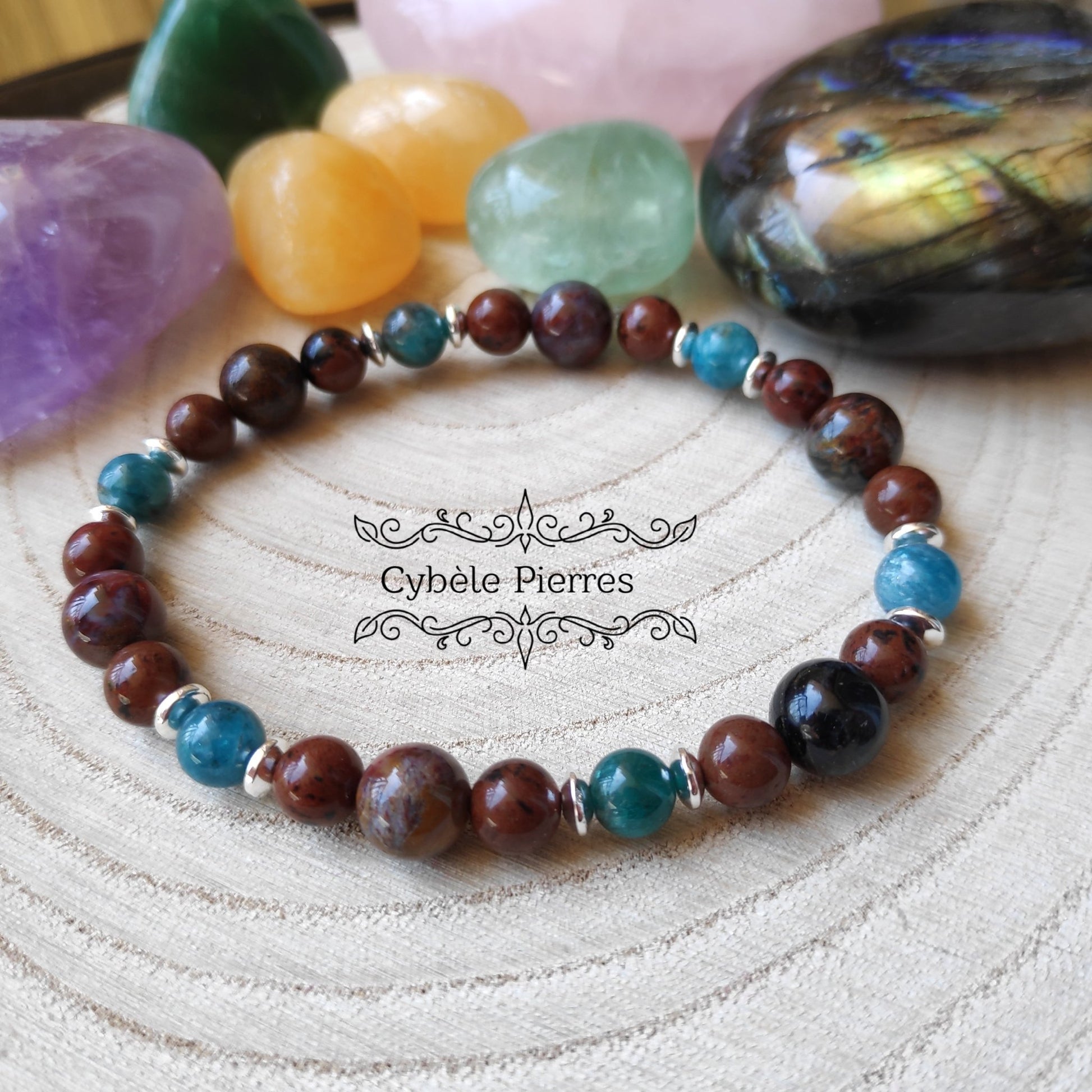 Bracelet Nouveaux Projets - Obsidienne Acajou, Piétersite et Apatite bleue (6mm et 8mm) - 19cm - Cybele Pierres