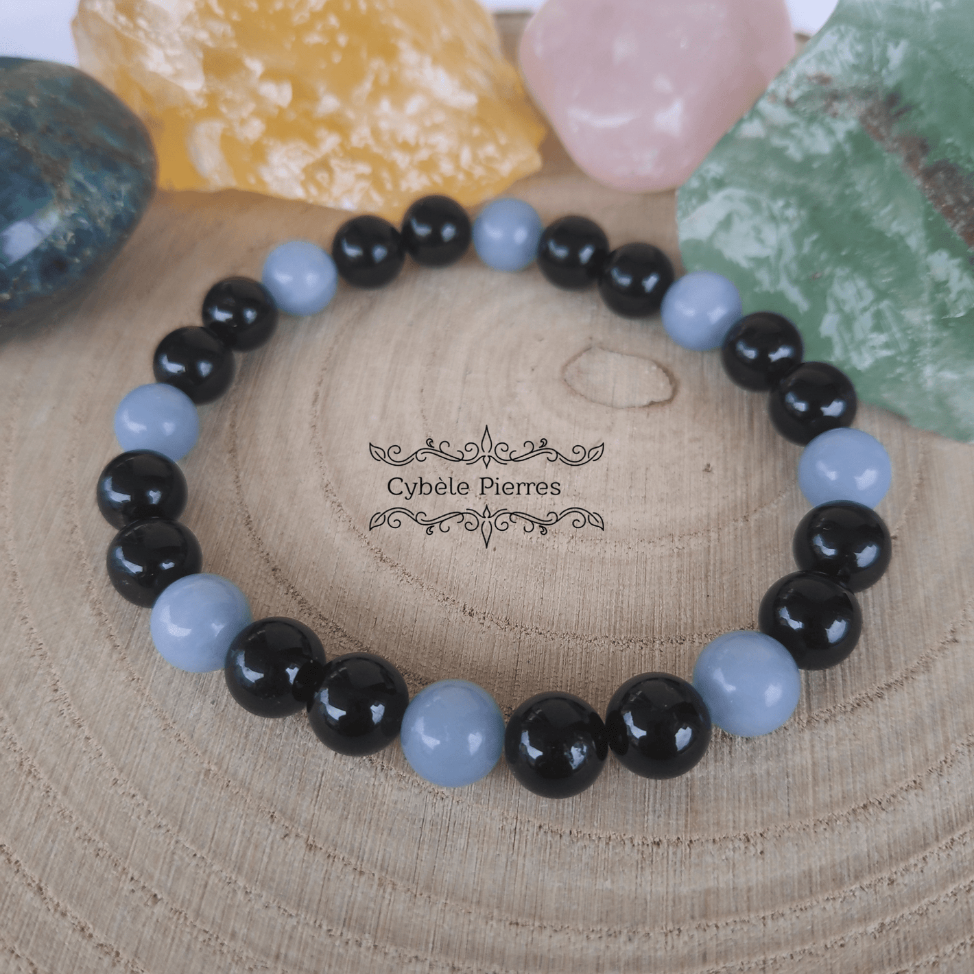 Bracelet Ombre - Angélite et Tourmaline (8mm) - 18cm - Cybele Pierres