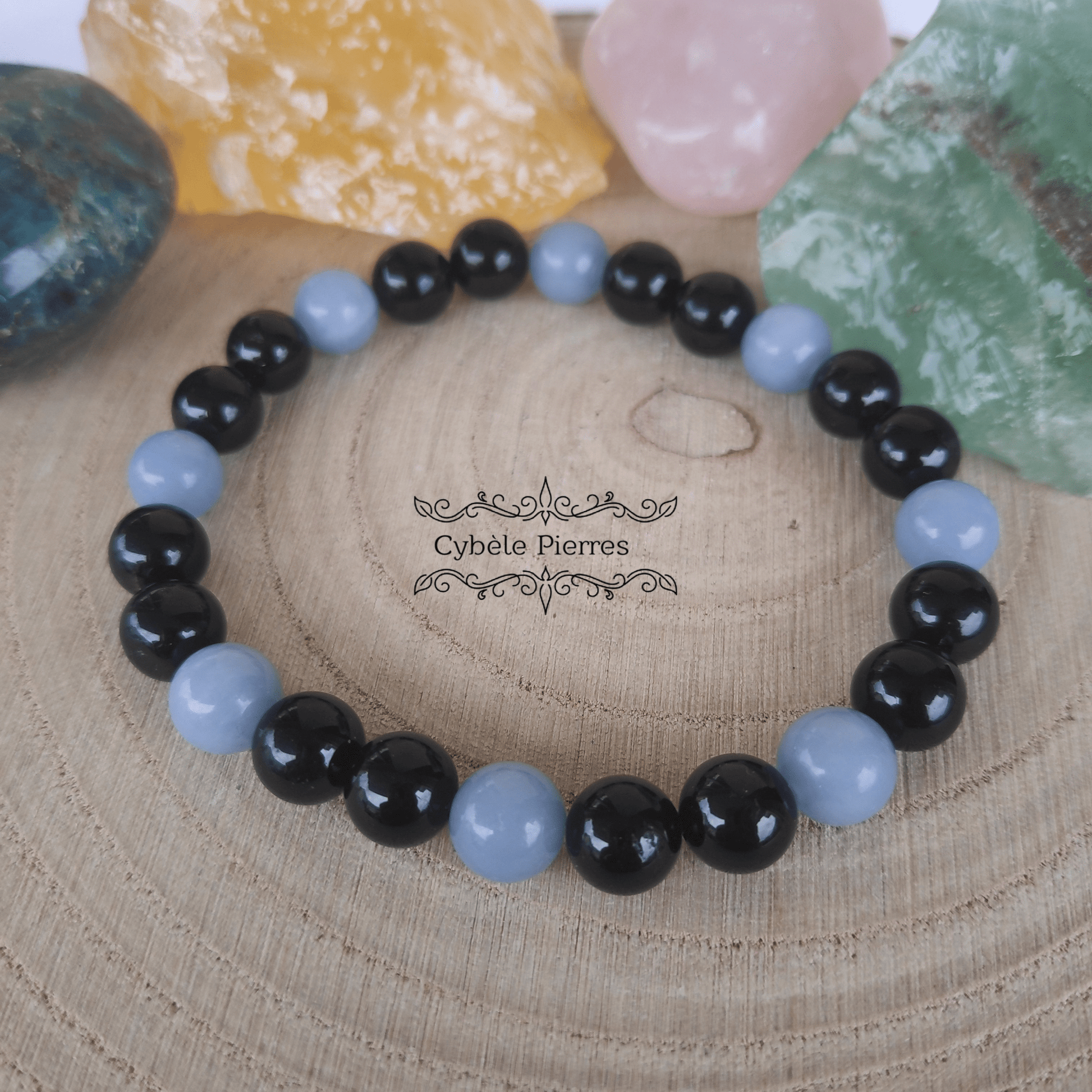 Bracelet Ombre - Angélite et Tourmaline (8mm) - 18cm - Cybele Pierres