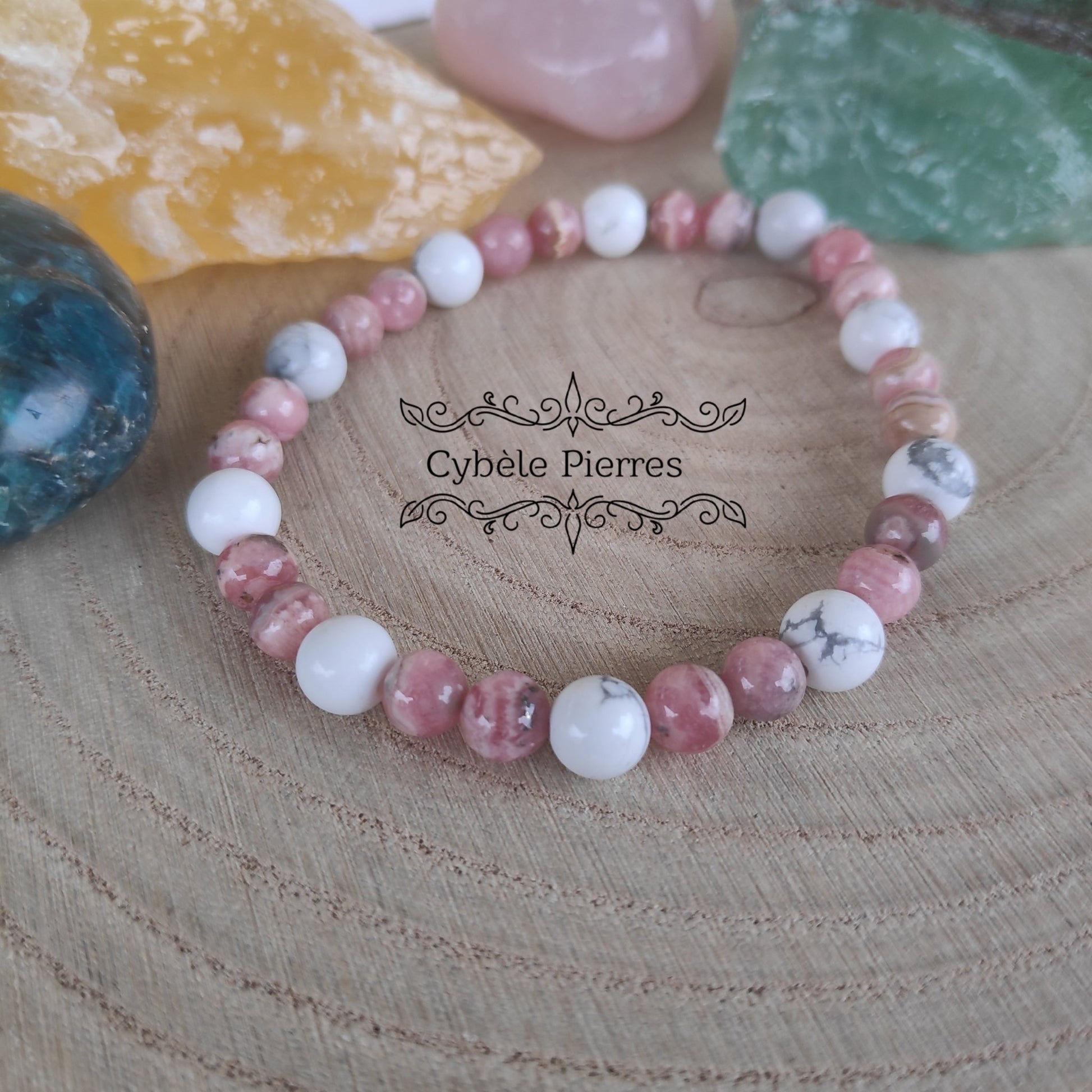 Bracelet On passe à autre chose ! - Rhodochrosite et Howlite (6mm) - 17cm - Cybele Pierres