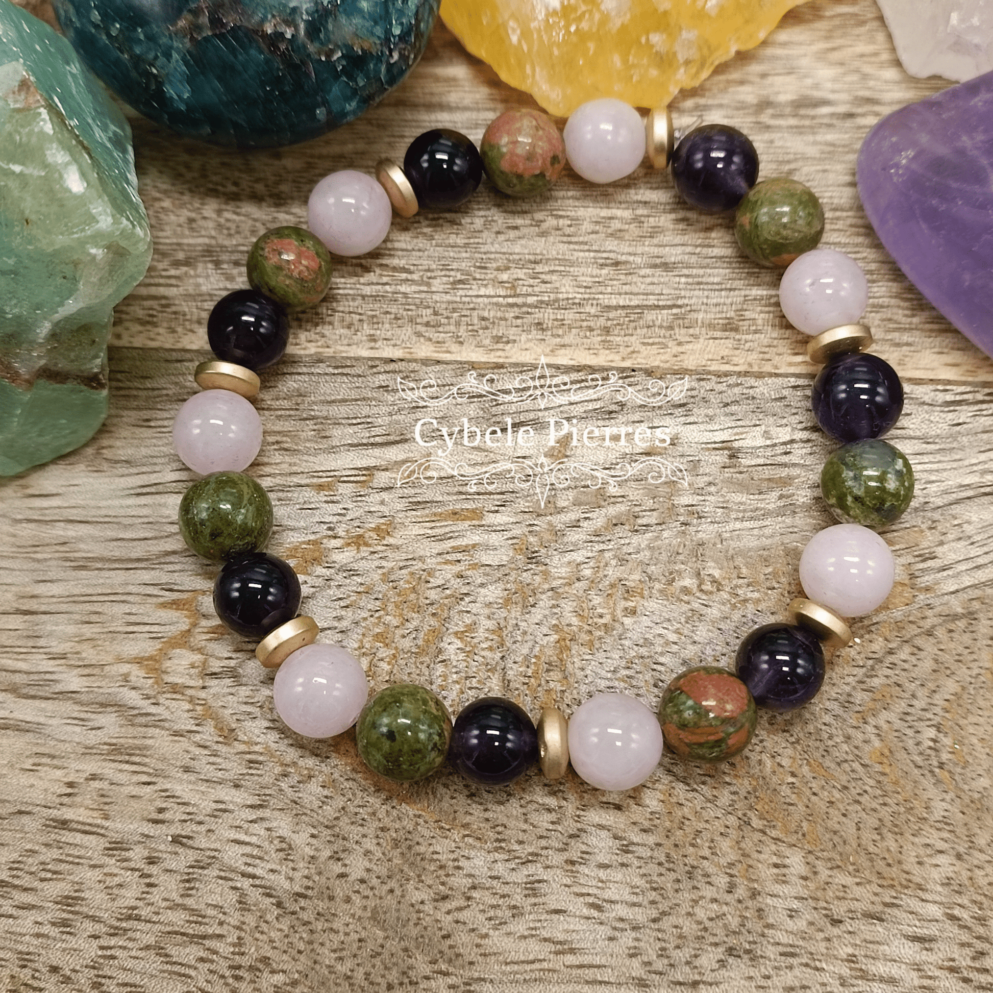 Bracelet "On se décide" - Améthyste, Quartz rose et Unakite (8mm) - 19cm - Cybele Pierres