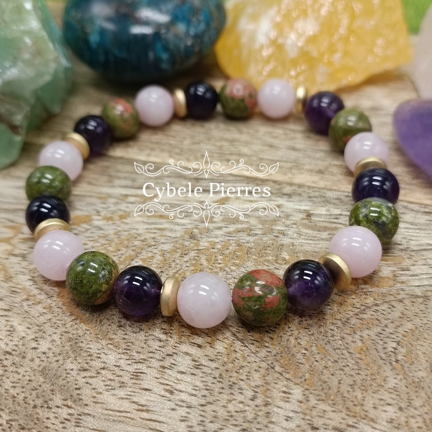 Bracelet "On se décide" - Améthyste, Quartz rose et Unakite (8mm) - 19cm - Cybele Pierres
