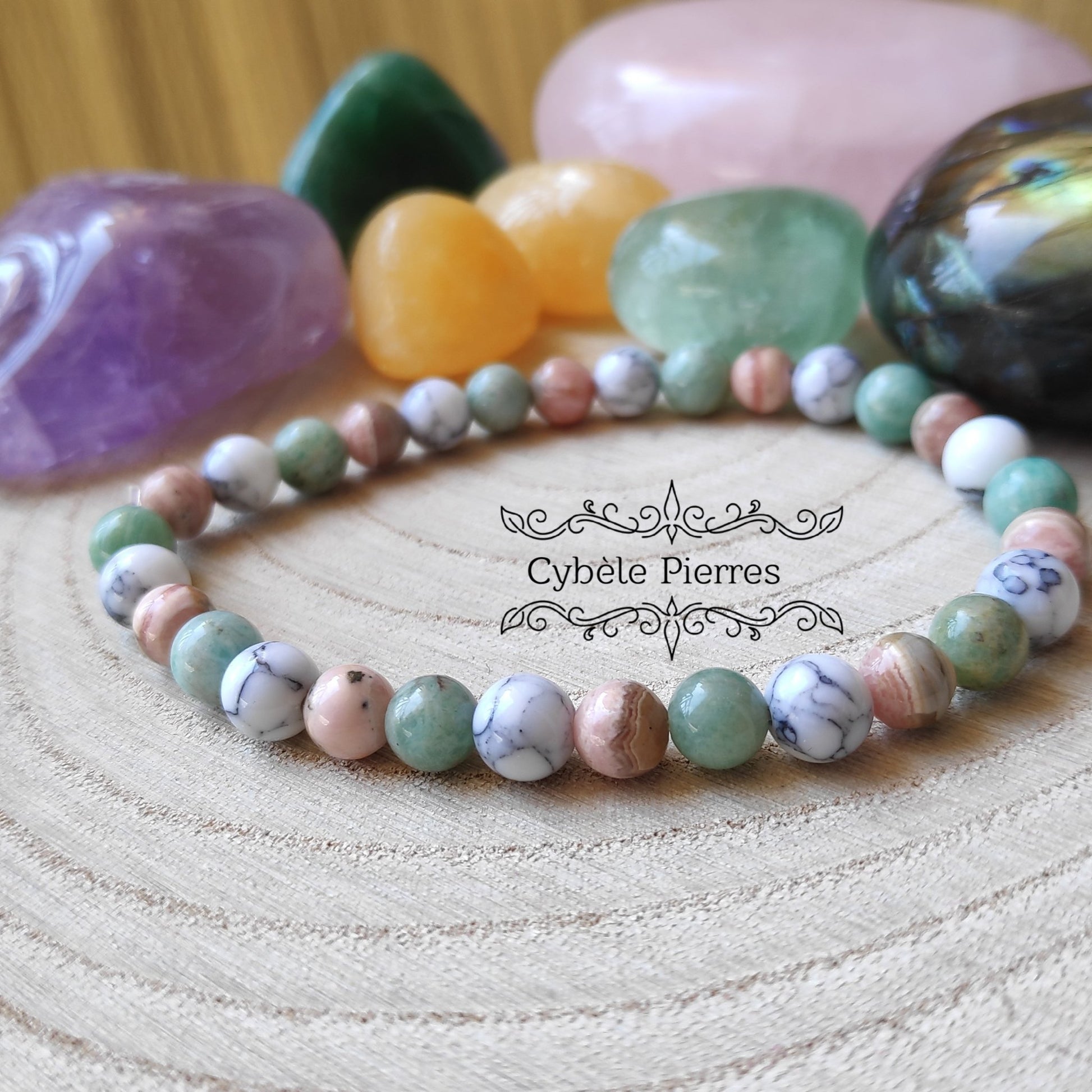 Bracelet On se détend - Amazonite, Rhodochrosite et Howlite (6mm) - 17cm - Cybele Pierres