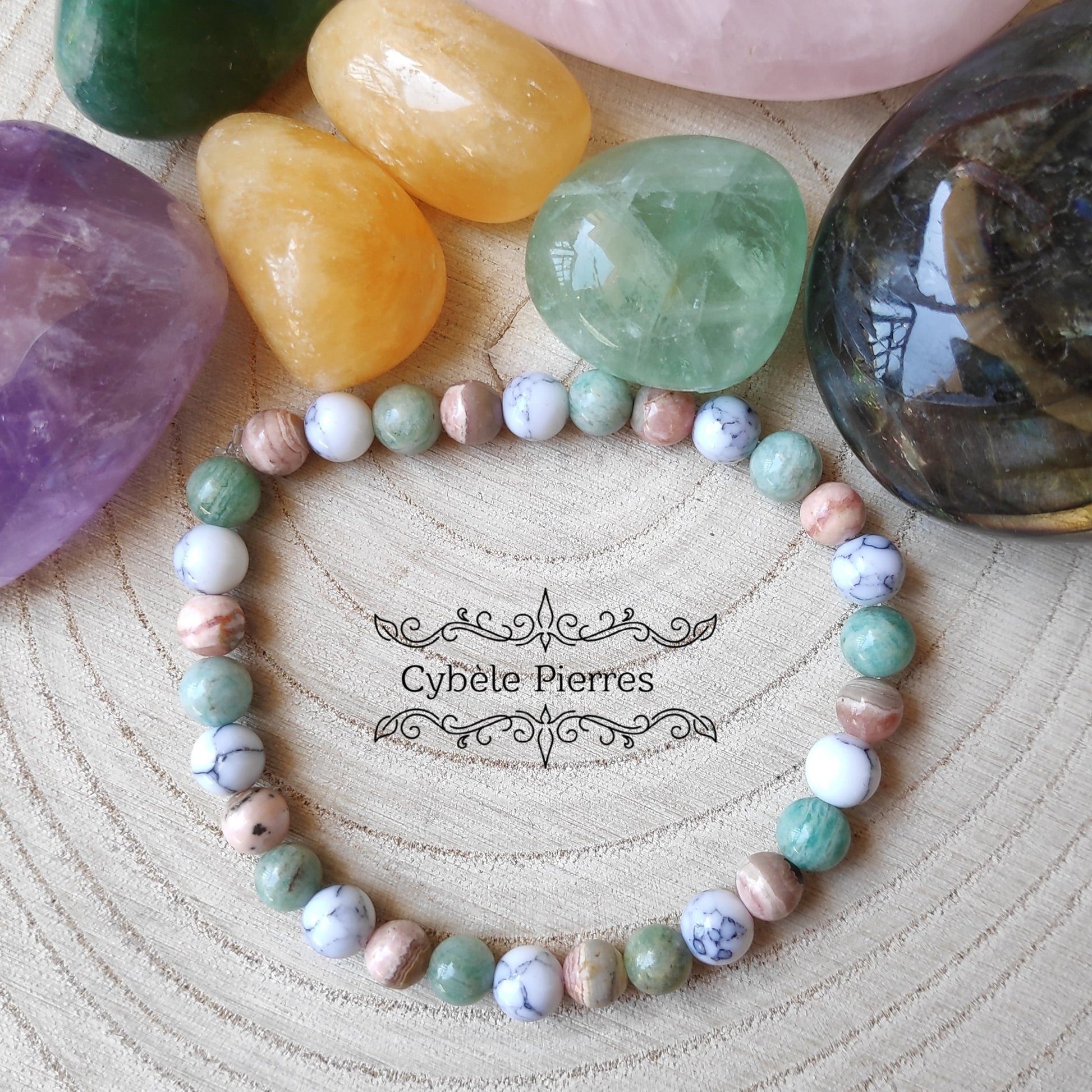 Bracelet On se détend - Amazonite, Rhodochrosite et Howlite (6mm) - 17cm - Cybele Pierres