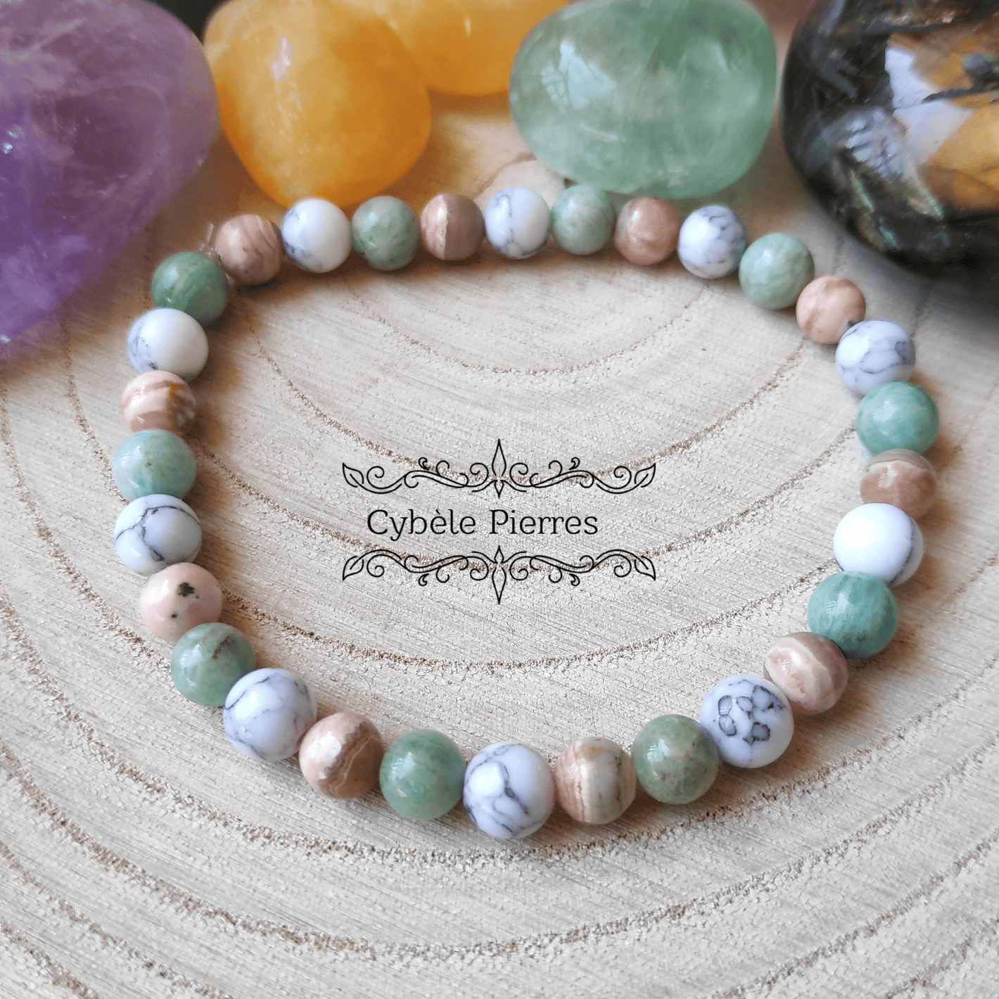 Bracelet On se détend - Amazonite, Rhodochrosite et Howlite (6mm) - 17cm - Cybele Pierres