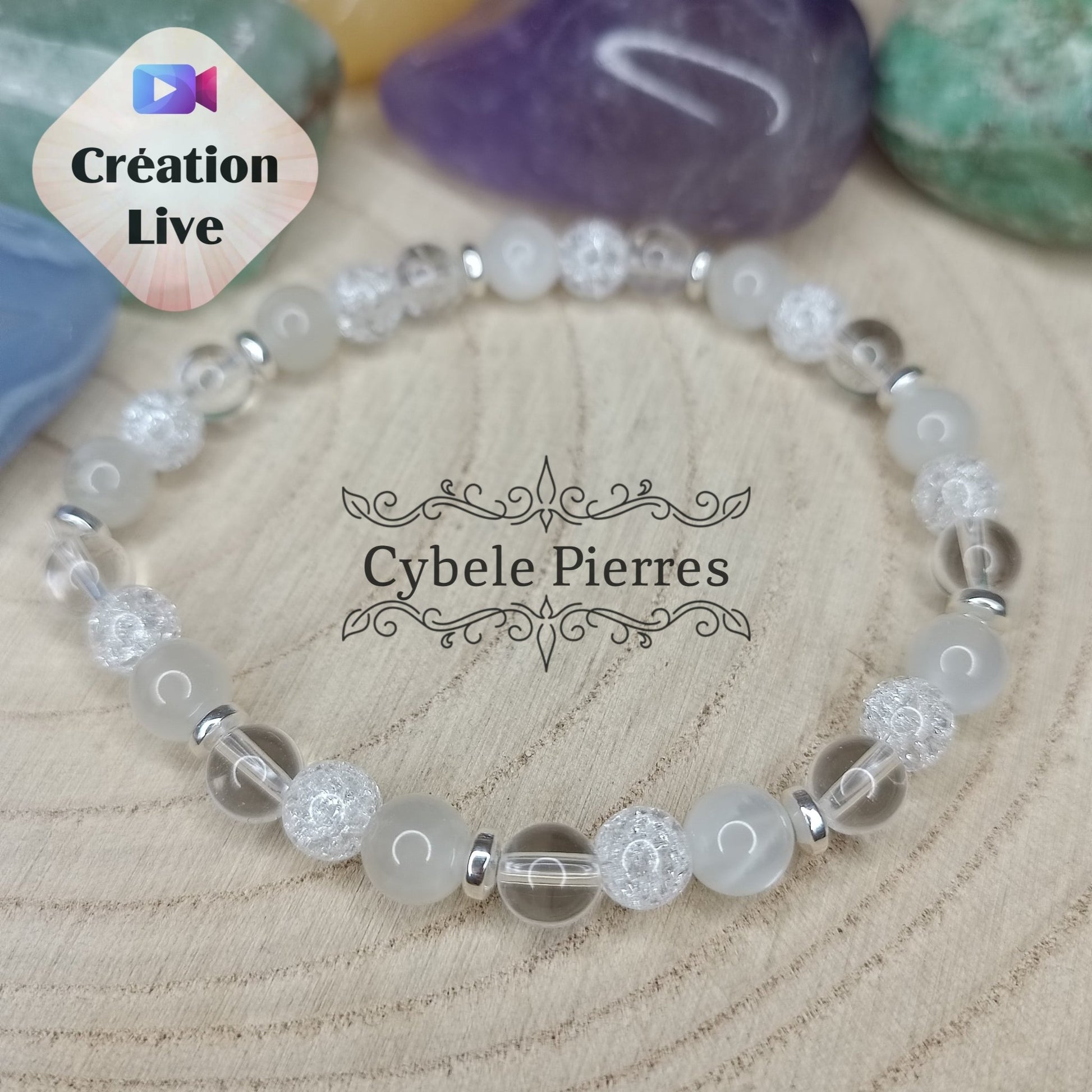 Bracelet "On va y arriver" - Cristal de roche normal, craquelé et Pierre de Lune Blanche (6mm) - 18cm - Cybele Pierres