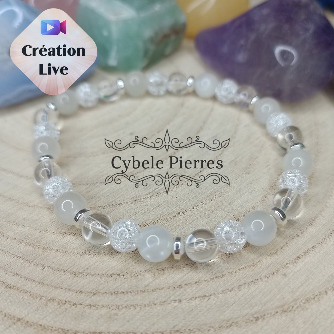 Bracelet "On va y arriver" - Cristal de roche normal, craquelé et Pierre de Lune Blanche (6mm) - 18cm - Cybele Pierres