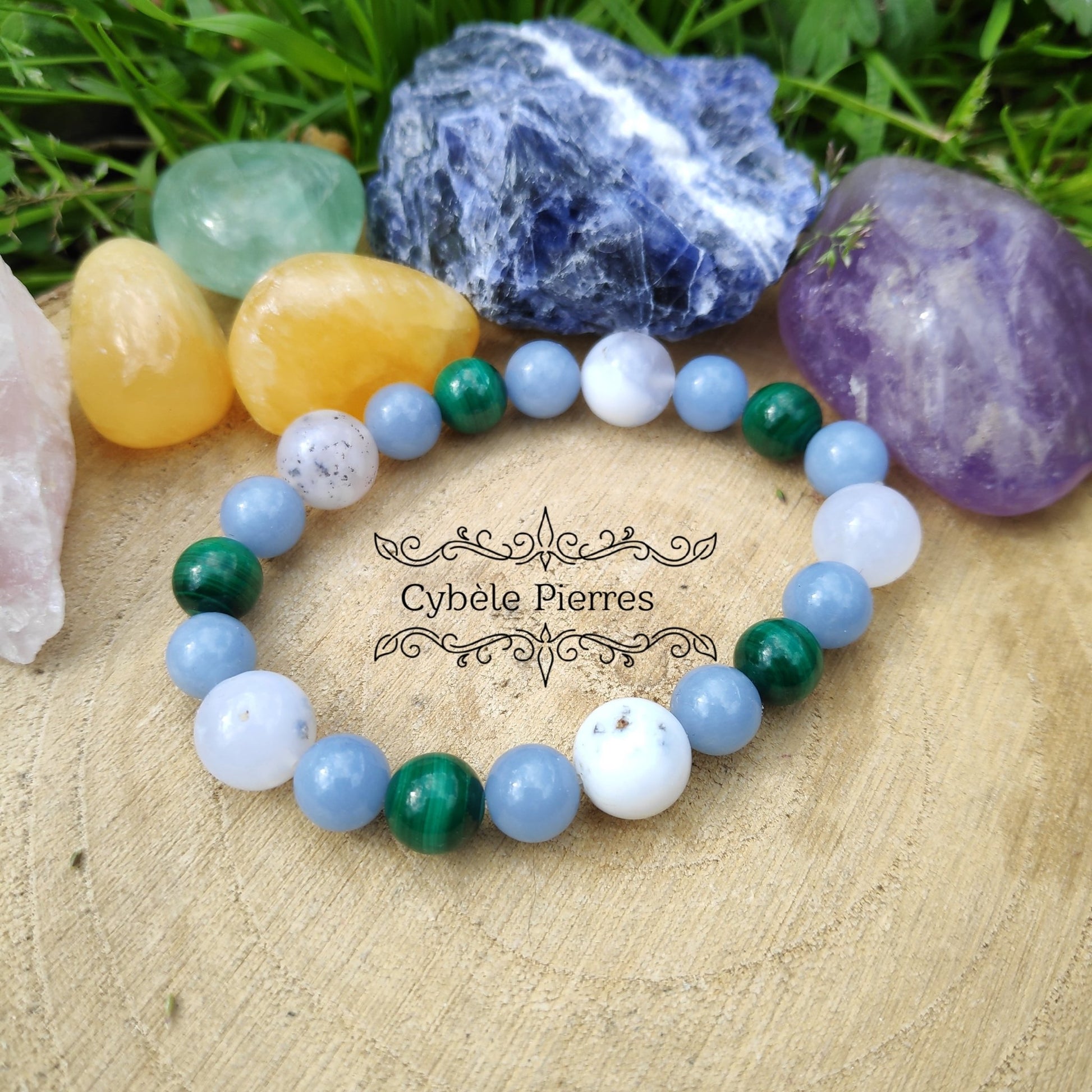 Bracelet - Opale laiteuse, Angélite et Malachite (10mm et 8mm) - 17cm - Cybele Pierres