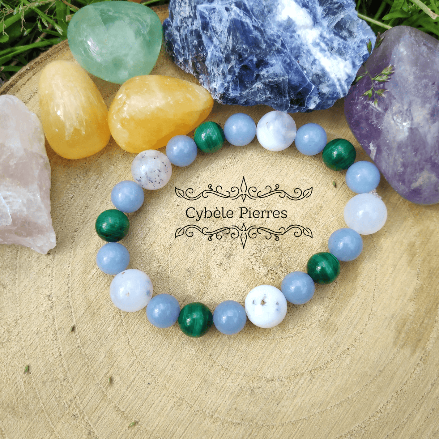 Bracelet - Opale laiteuse, Angélite et Malachite (10mm et 8mm) - 17cm - Cybele Pierres