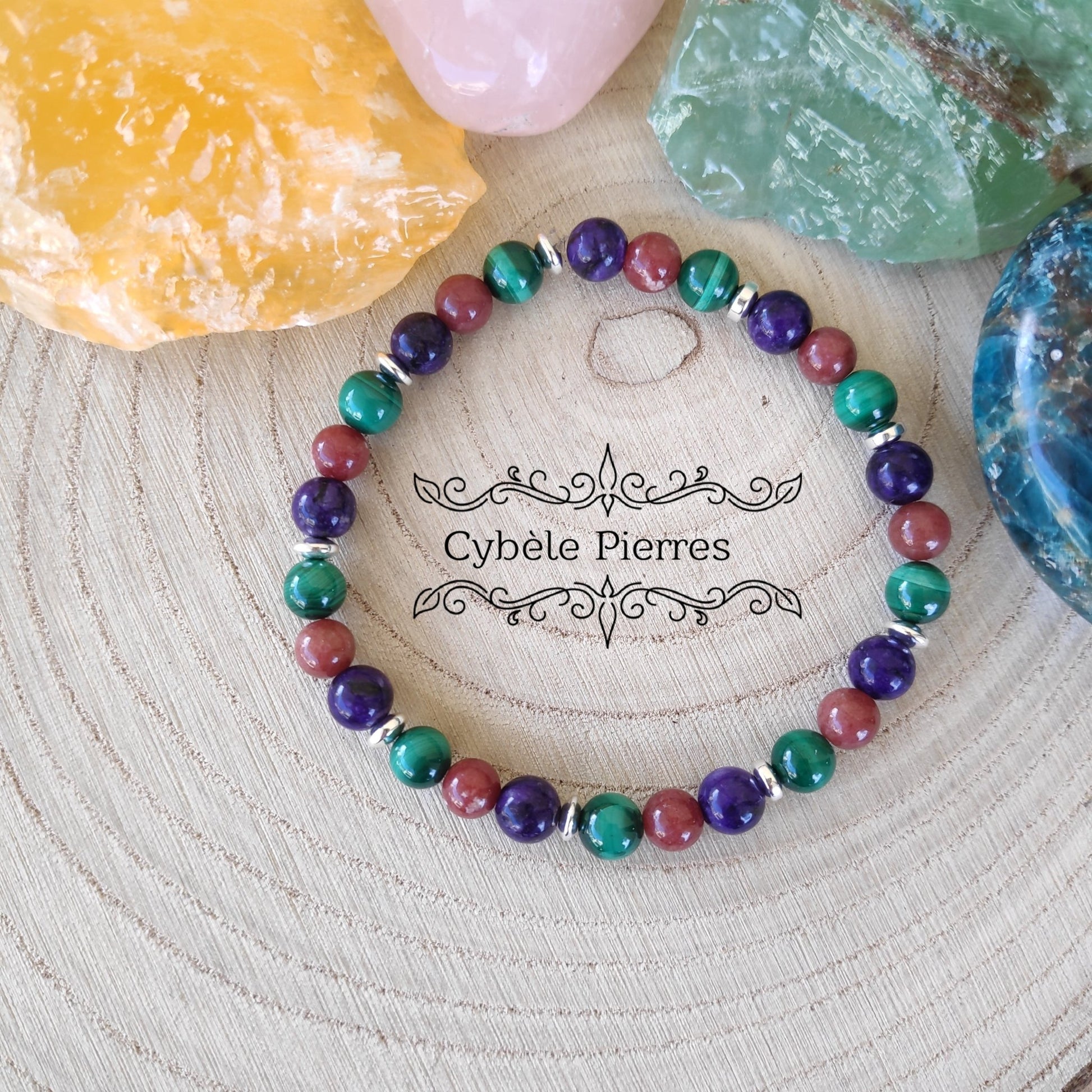 Bracelet Opportunité et Intuition - Malachite, Charoïte et Thulite (6mm) - 18cm - Cybele Pierres