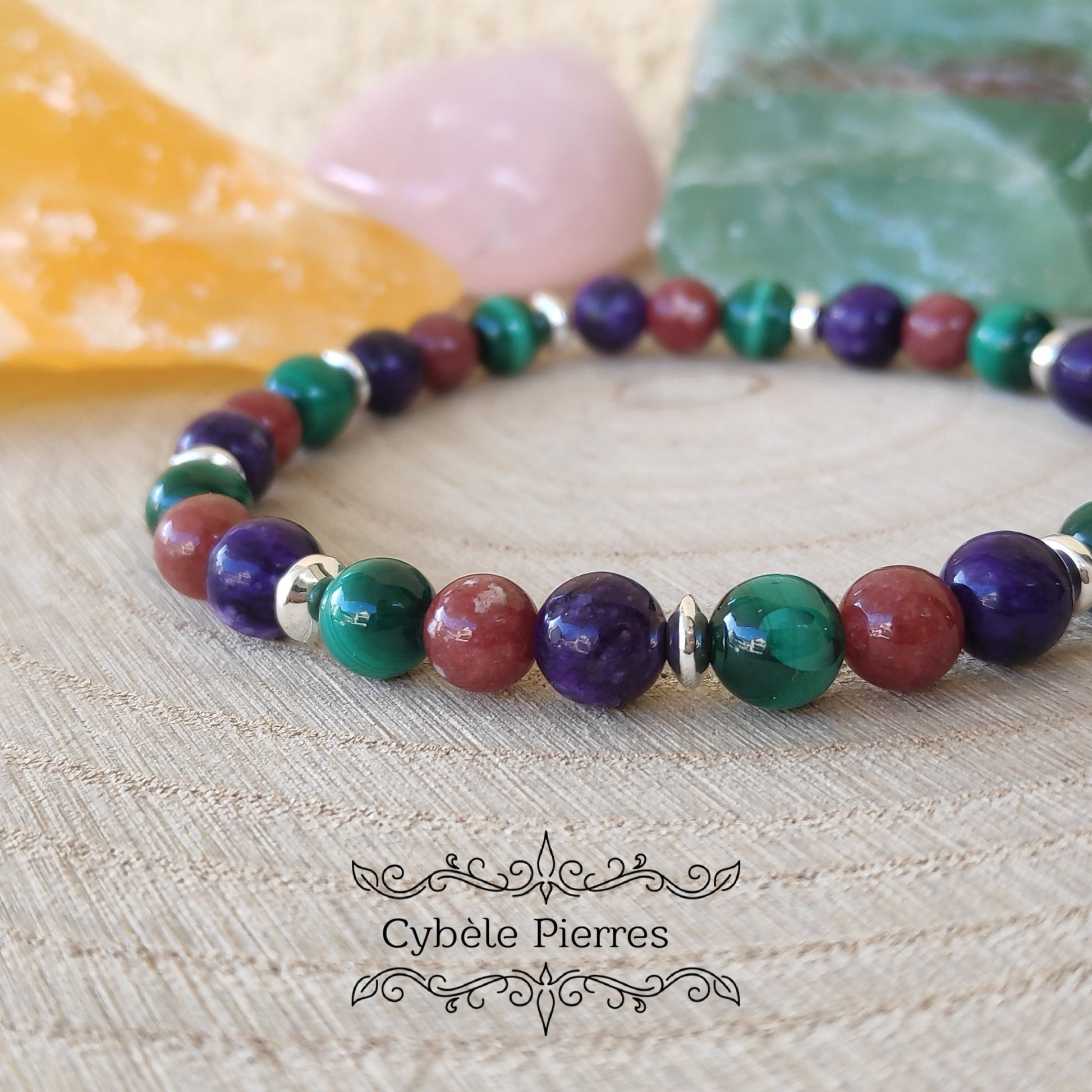 Bracelet Opportunité et Intuition - Malachite, Charoïte et Thulite (6mm) - 18cm - Cybele Pierres
