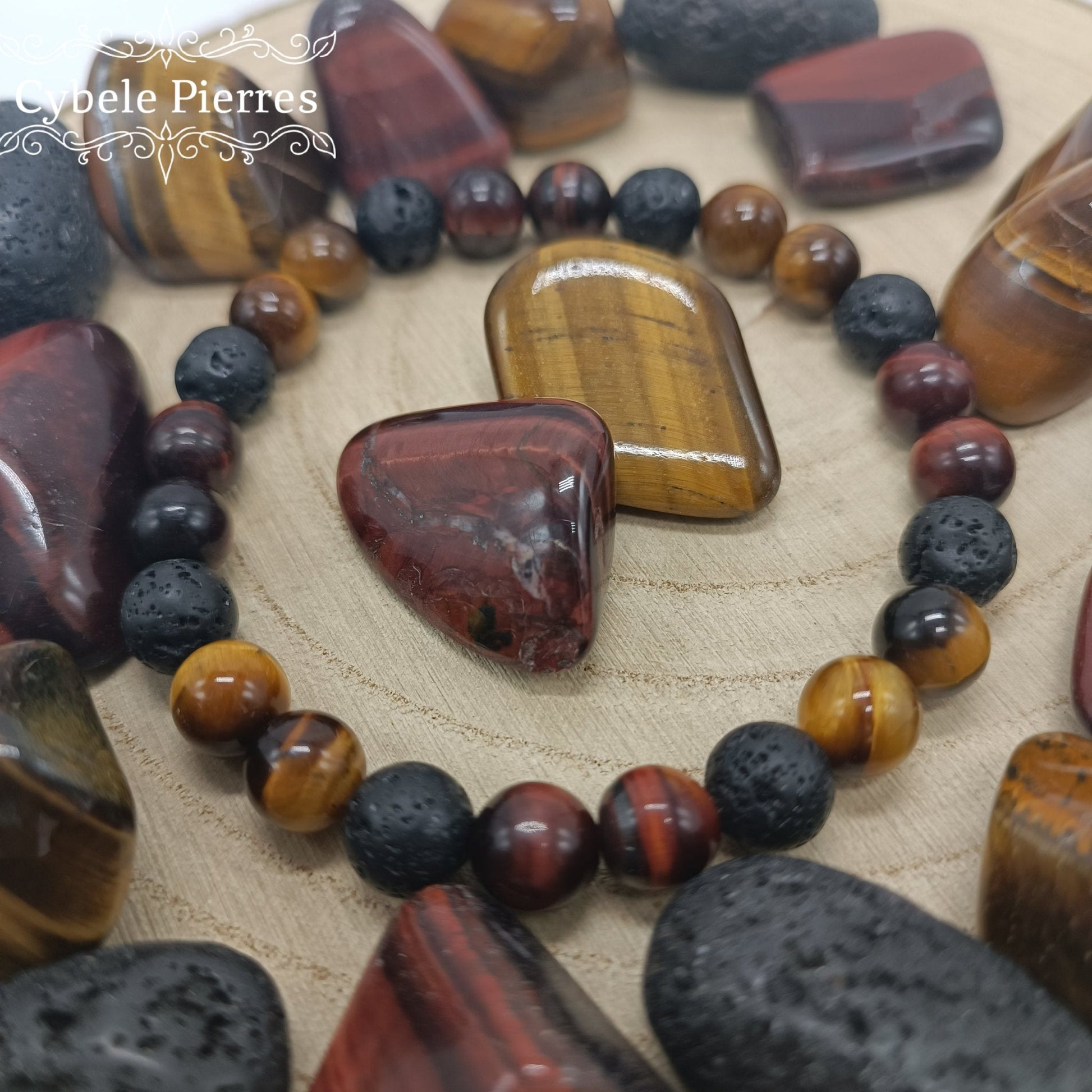 Bracelet Opportunités et Protection - Pierre de Lave, Oeil de tigre et Oeil de taureau (8mm) - 19cm - Cybele Pierres