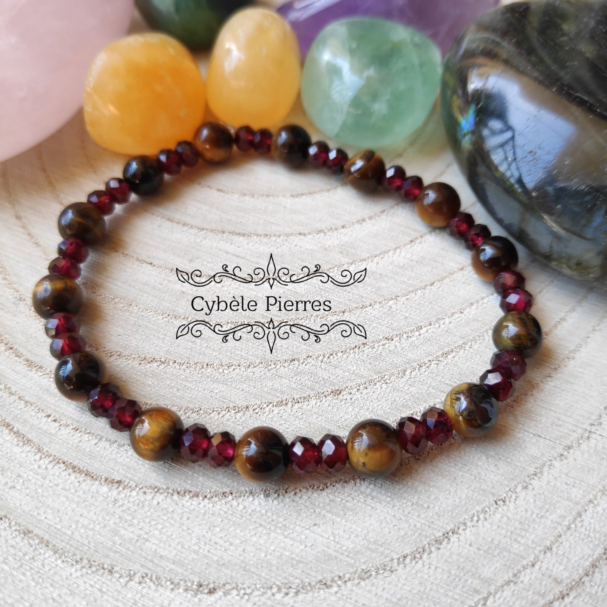 Bracelet Optimisme et Energie - Grenat et Oeil de tigre (3mm et 6mm) - 17cm - Cybele Pierres